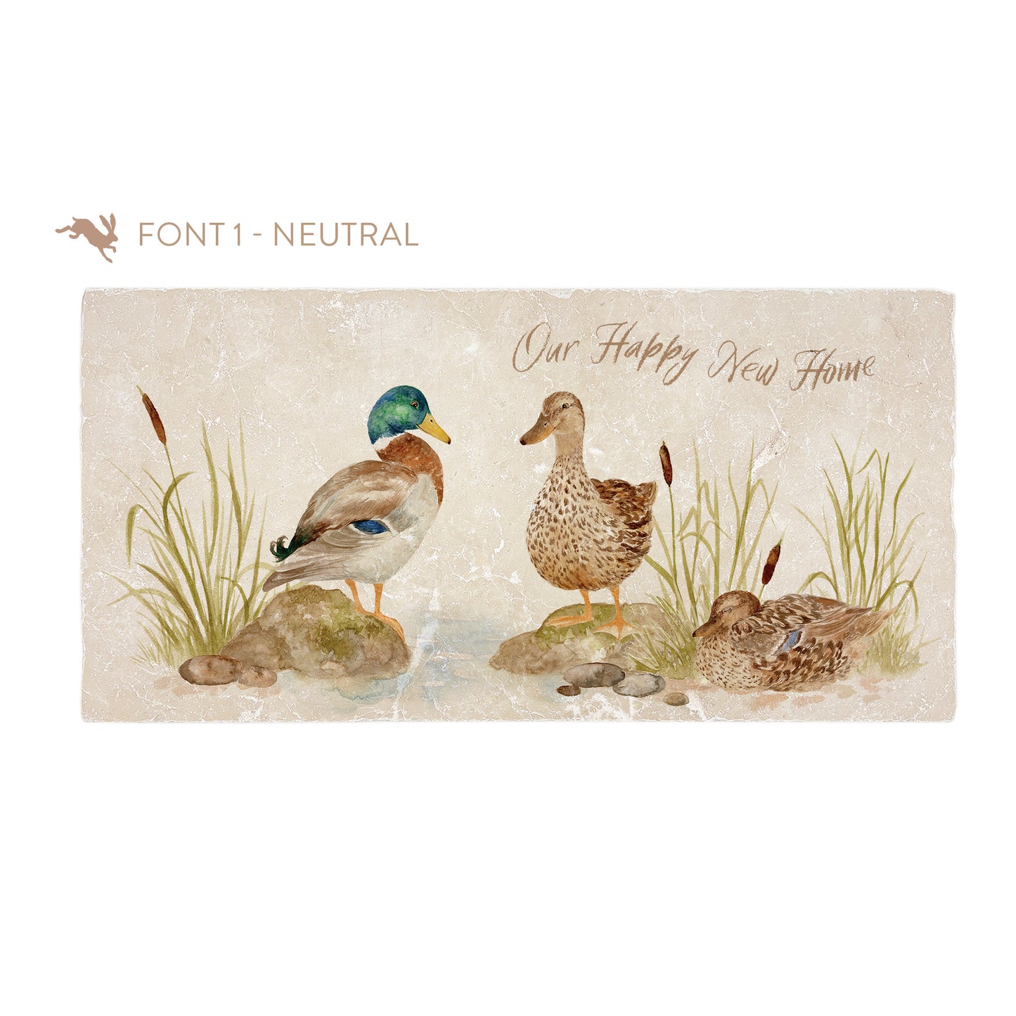A personalised rectangular marble sharing platter featuring ducks by a pond in a watercolour style. The example personalised neutral text reads ‘Our Happy New Home' in a brush script font.