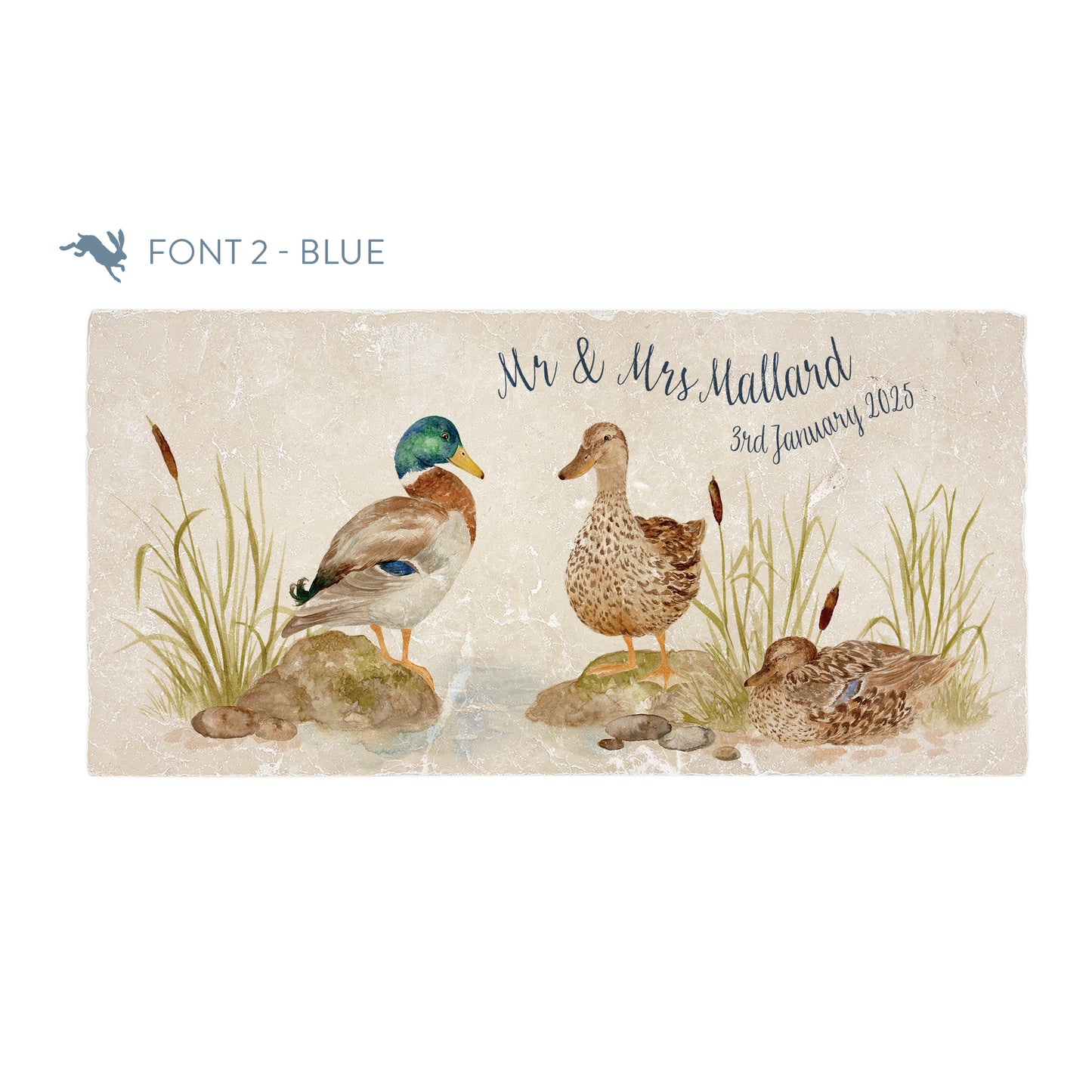 A personalised rectangular marble sharing platter featuring ducks by a pond in a watercolour style. The example personalised blue text reads ‘Mr & Mrs Mallard' in an elegant script font.