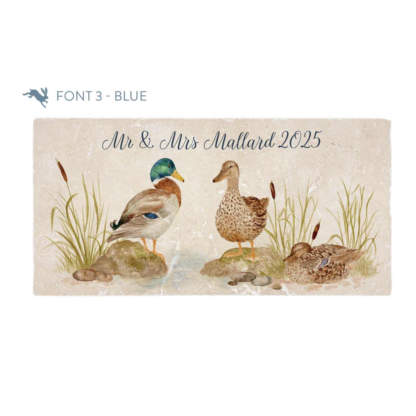 A personalised rectangular marble sharing platter featuring ducks by a pond in a watercolour style. The example personalised blue text reads ‘Mr & Mrs Mallard 2025' in a brush script font.