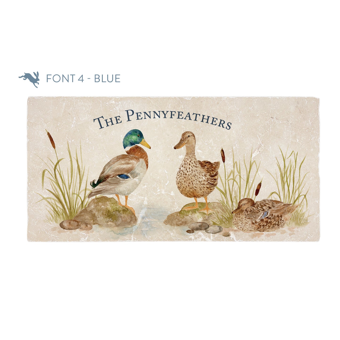 A personalised rectangular marble sharing platter featuring ducks by a pond in a watercolour style. The example personalised blue text reads ‘The Pennyfeathers' in a classic serif font.