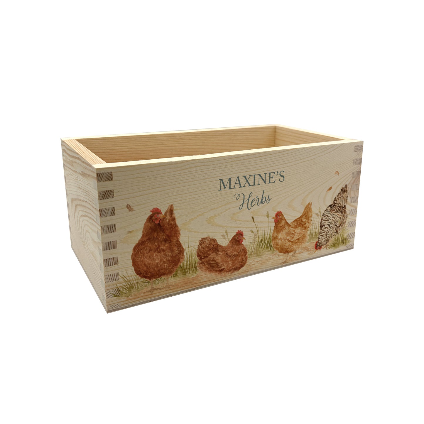 A rectangle wooden planter box with a watercolour design of a flock of hens pecking in the grass in the farmyard. The planter can be personalised with a name and a selection of custom phrases to suit any occasion including birthday, wedding, anniversary, engagement, and new home.