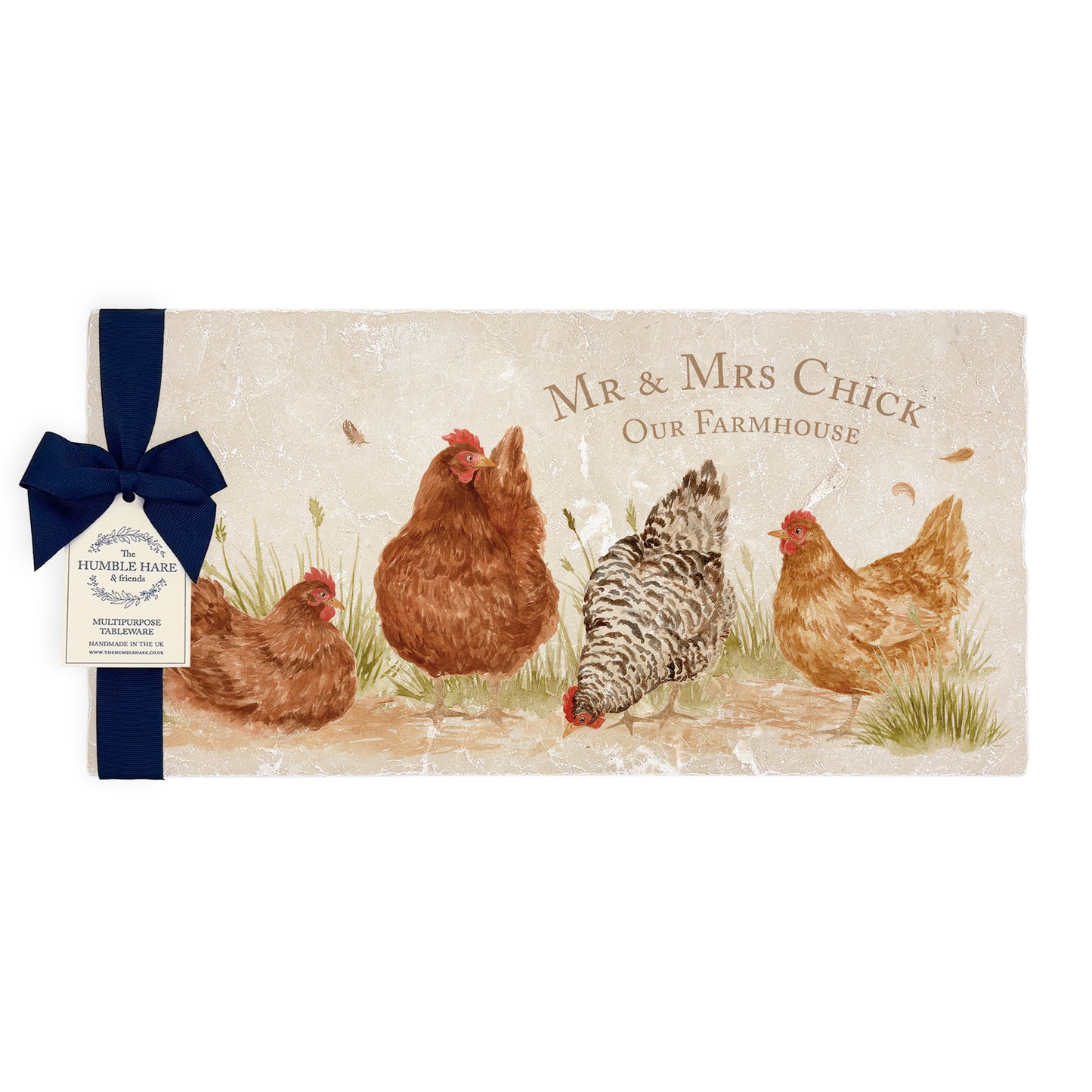 A personalised rectangular marble sharing platter featuring a flock of hens in a watercolour style. The bespoke gift is packaged with a luxurious dark blue bow and branded gift tag.
