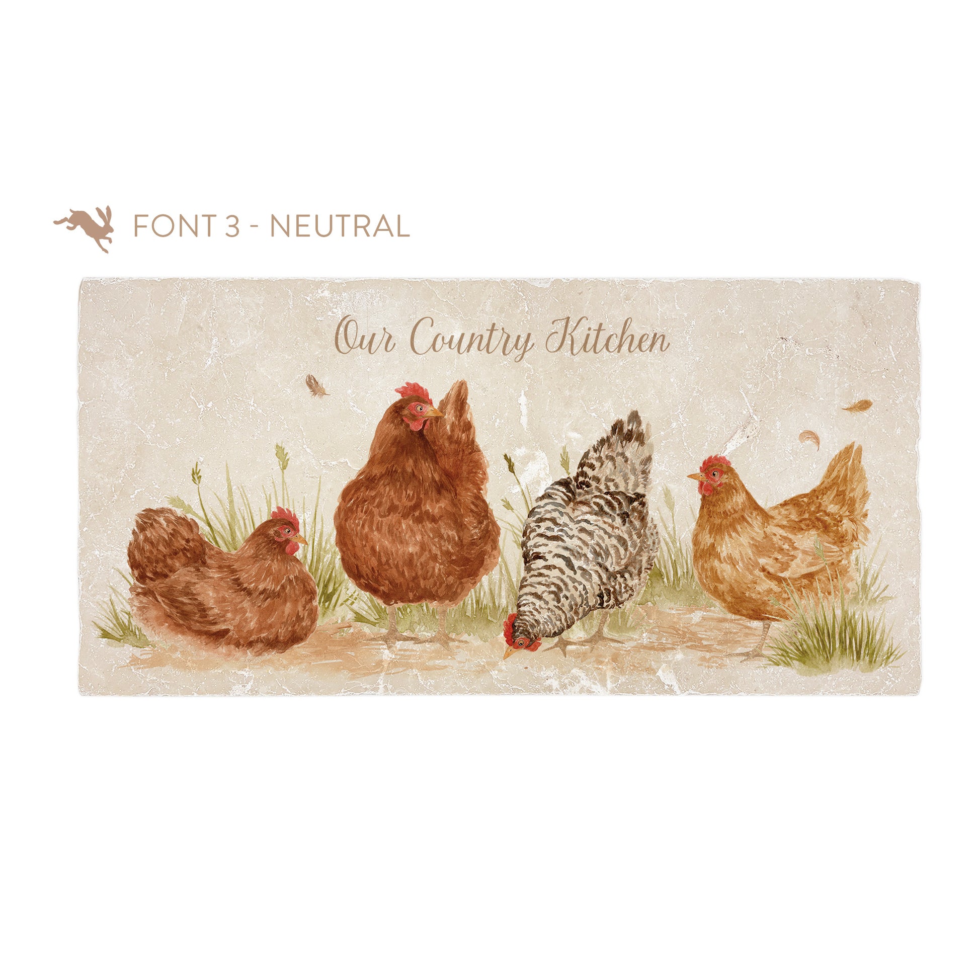 A personalised rectangular marble sharing platter featuring four hens in a watercolour style. The example personalised neutral colour text reads ‘Our Country Kitchen’ in a brush script font.