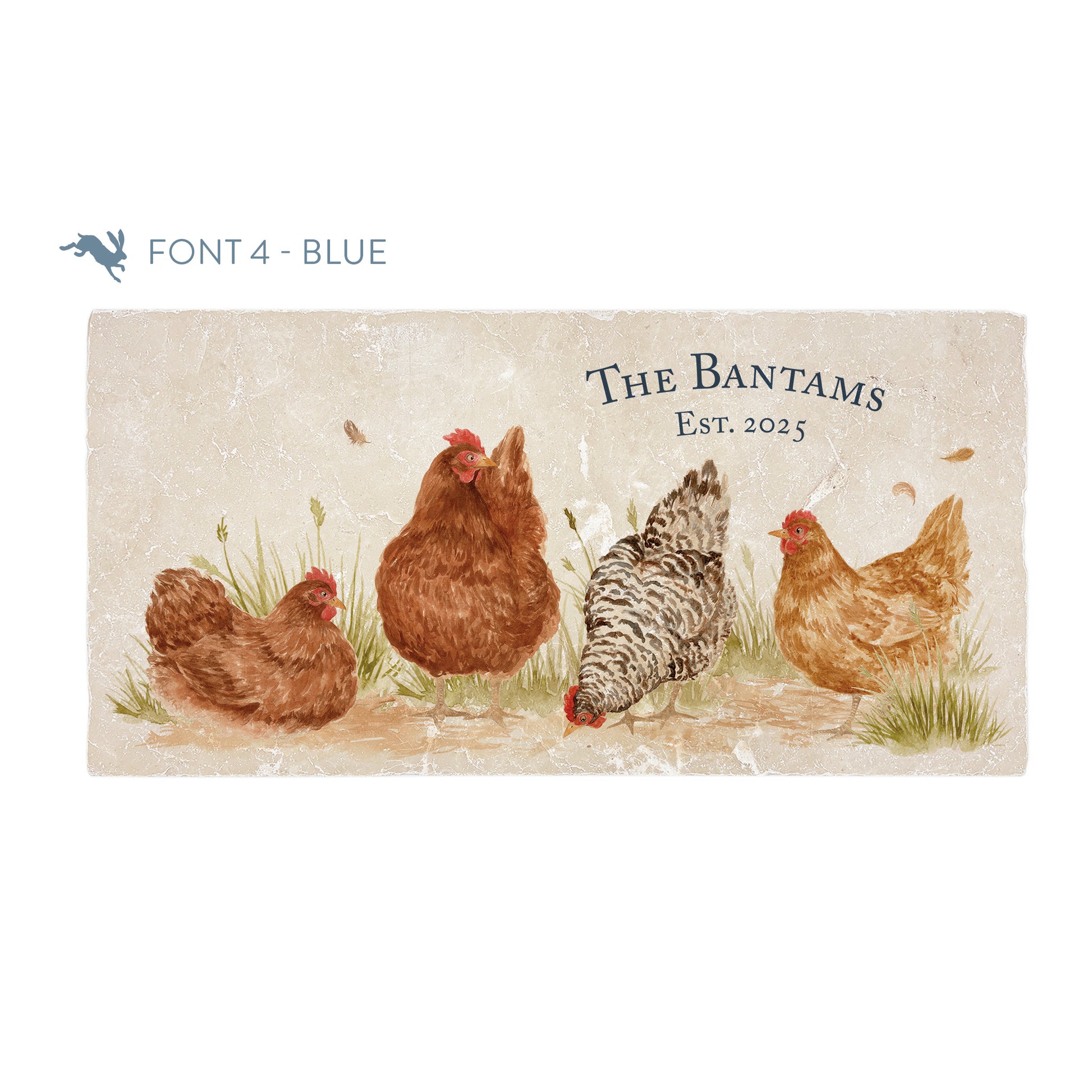 A personalised rectangular marble sharing platter featuring four hens in a watercolour style. The example personalised blue text reads ‘The Bantams, Est. 2025' in a classic serif font.