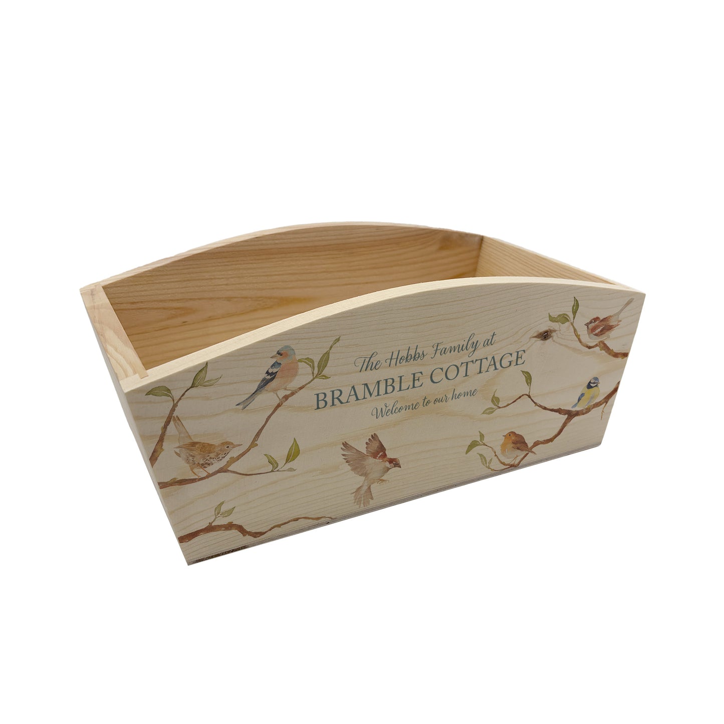 An arched wooden planter box with a watercolour design of garden birds on branches. The planter is an ideal gift for gardening enthusiasts, and can be personalised with a selection of phrases and custom names, dates and house number or name.