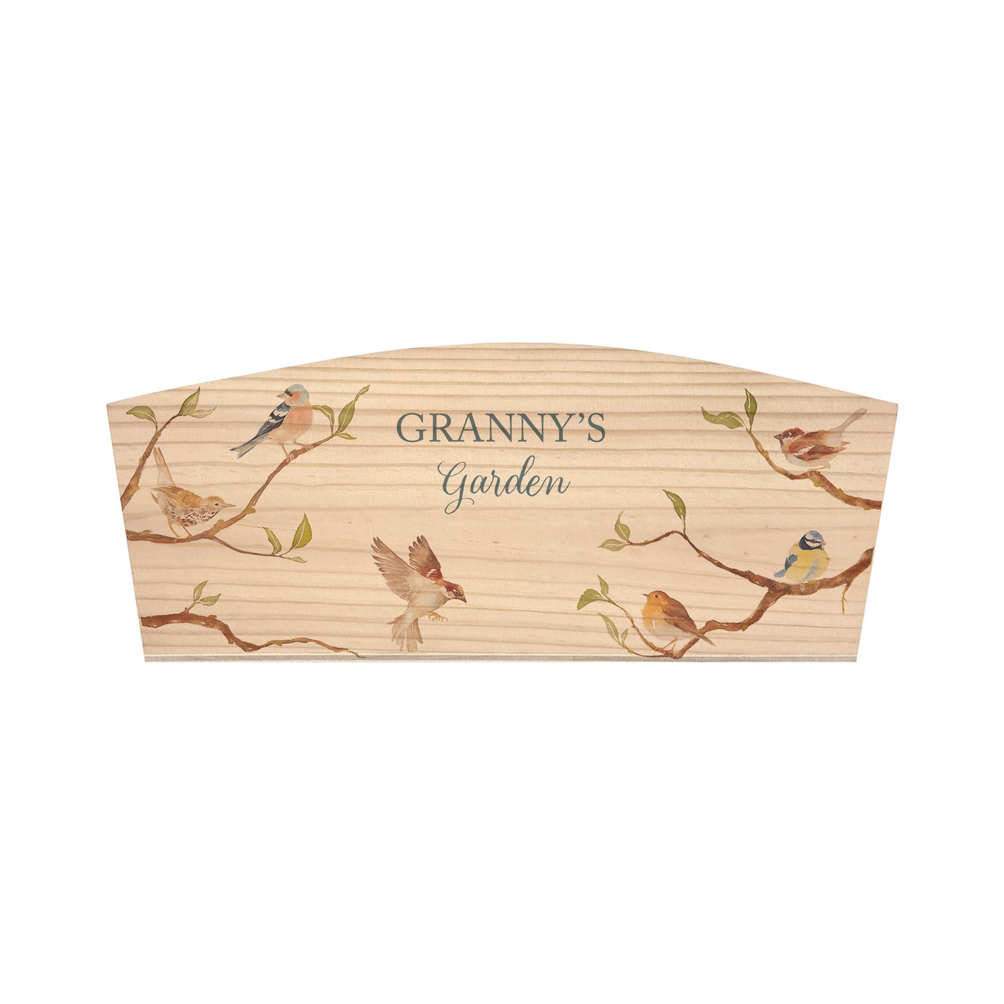An arched wooden planter box with a watercolour design of garden birds on branches. The planter can be personalised with names and a selection of phrases for wedding, anniversary, engagement, birthday or new home gifts.