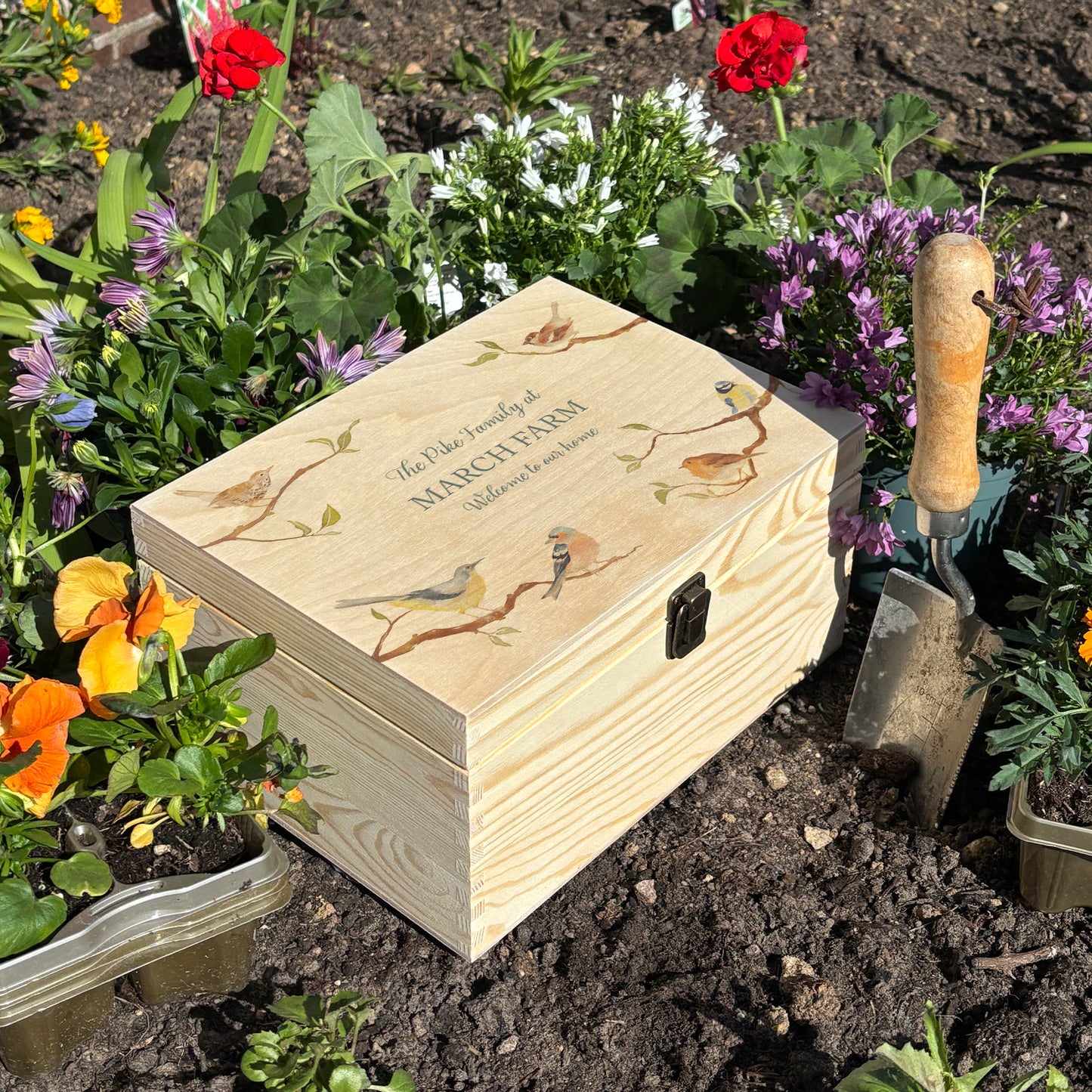 Medium wooden pine gift box, The perfect Personalised keepsake, memory box, storage box. This design features a wren, Robin, Wagtail, blue tit, sparrow and chaffinch on branches. The stunning design is in a classic gentle watercolour style.