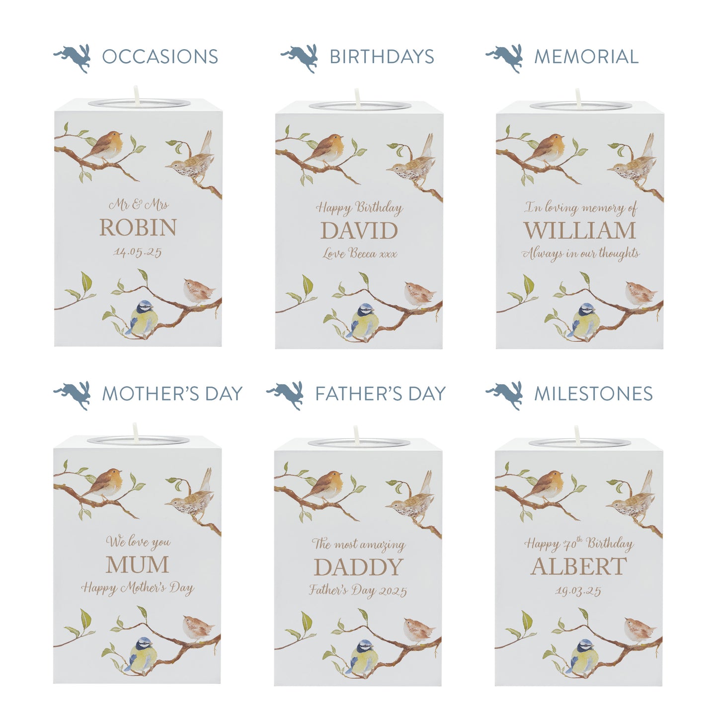 wooden cuboid luxury tealight holder with gorgeous personalised options . Each product is lovingly designed, handmade with our Countryside inspired watercolour designs. This design features birds on branches, bluetit, robin, wren and song thrush. unique designs for a truly one off special occasion for a loved one.