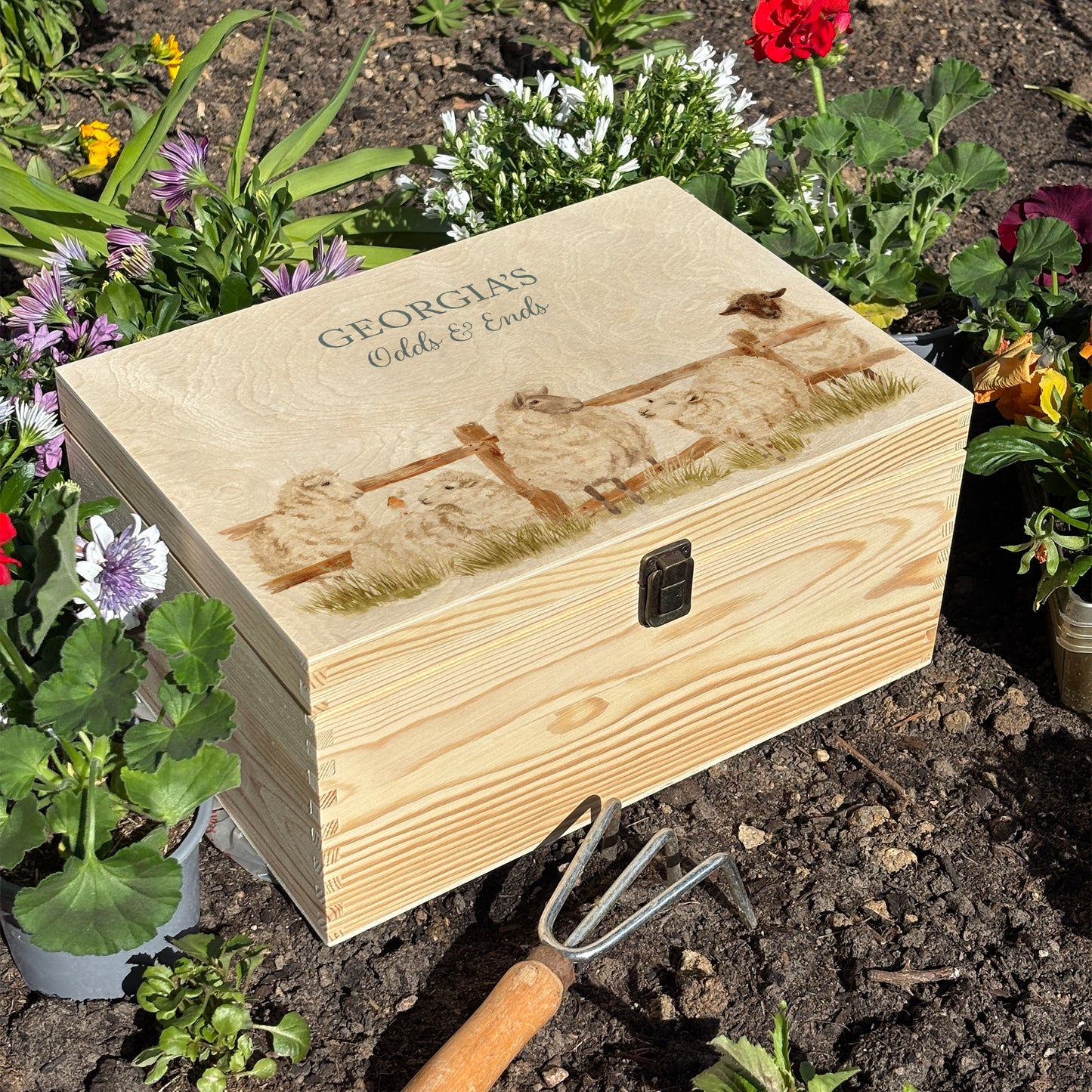 Large wooden pine gift box, The perfect Personalised keepsake, multipurpose, memory box, storage box with a group of sheep lined up at a fence with a robin sat on the edge. The design features our classic gentle watercolour style. The best was to offer a truly unique gift for a loved one. beautiful artwork and something to treasure forever