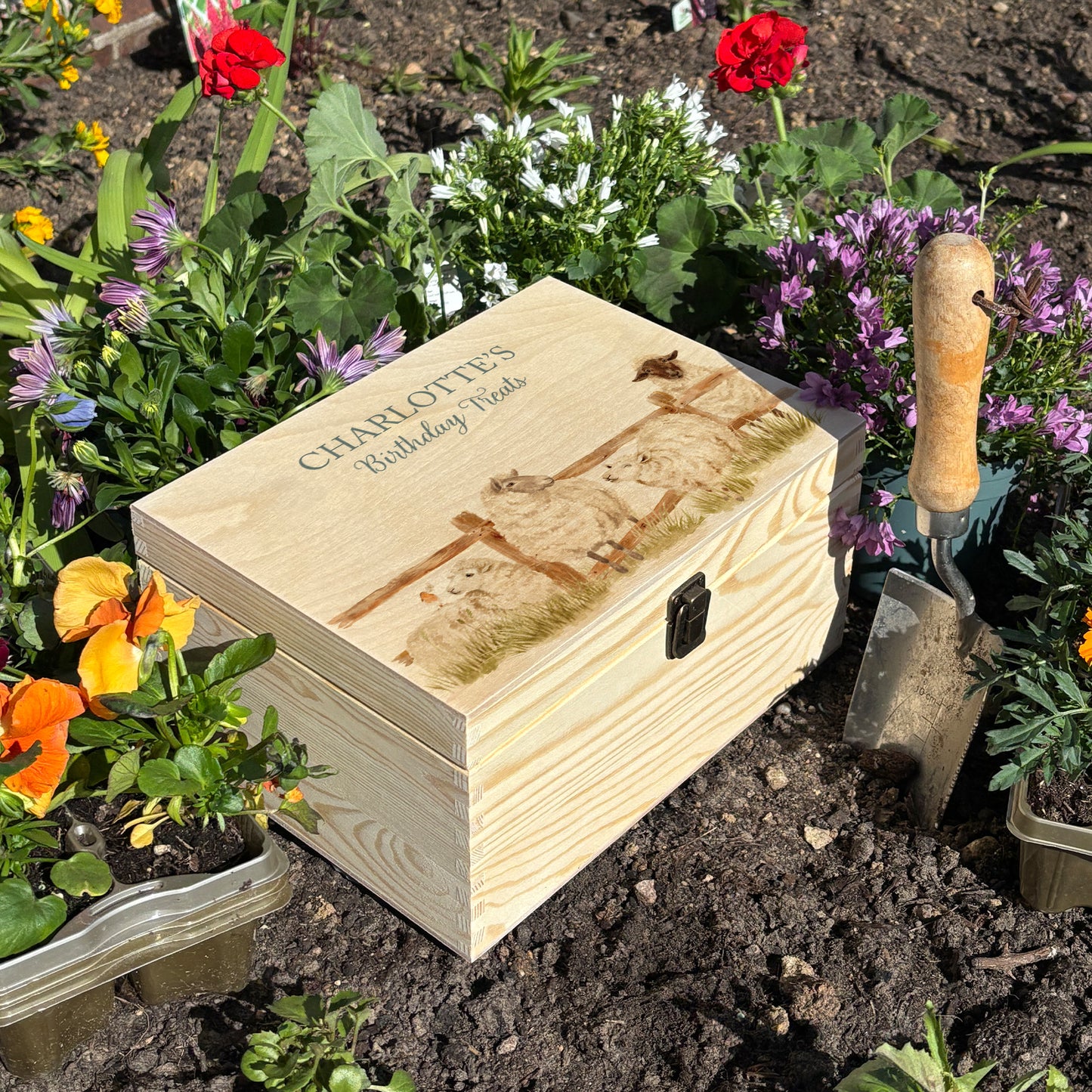 Medium wooden pine gift box, The perfect Personalised keepsake, multipurpose, memory box, storage box with a group of sheep lined up at a fence with a robin sat on the edge. The design features our classic gentle watercolour style. The best was to offer a truly unique gift for a loved one.