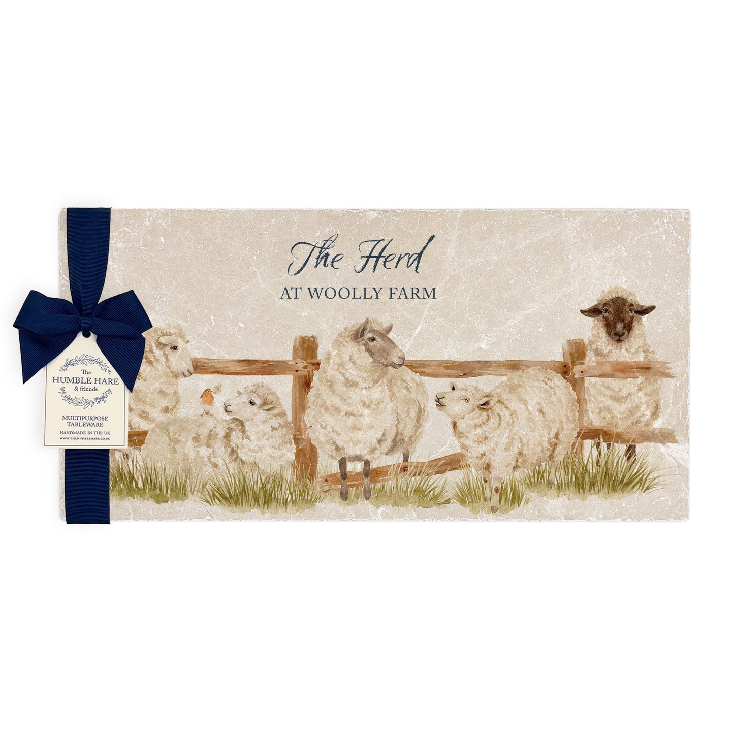 A personalised rectangular marble sharing platter featuring a herd of sheep in a watercolour style. The bespoke gift is packaged with a luxurious dark blue bow and branded gift tag.