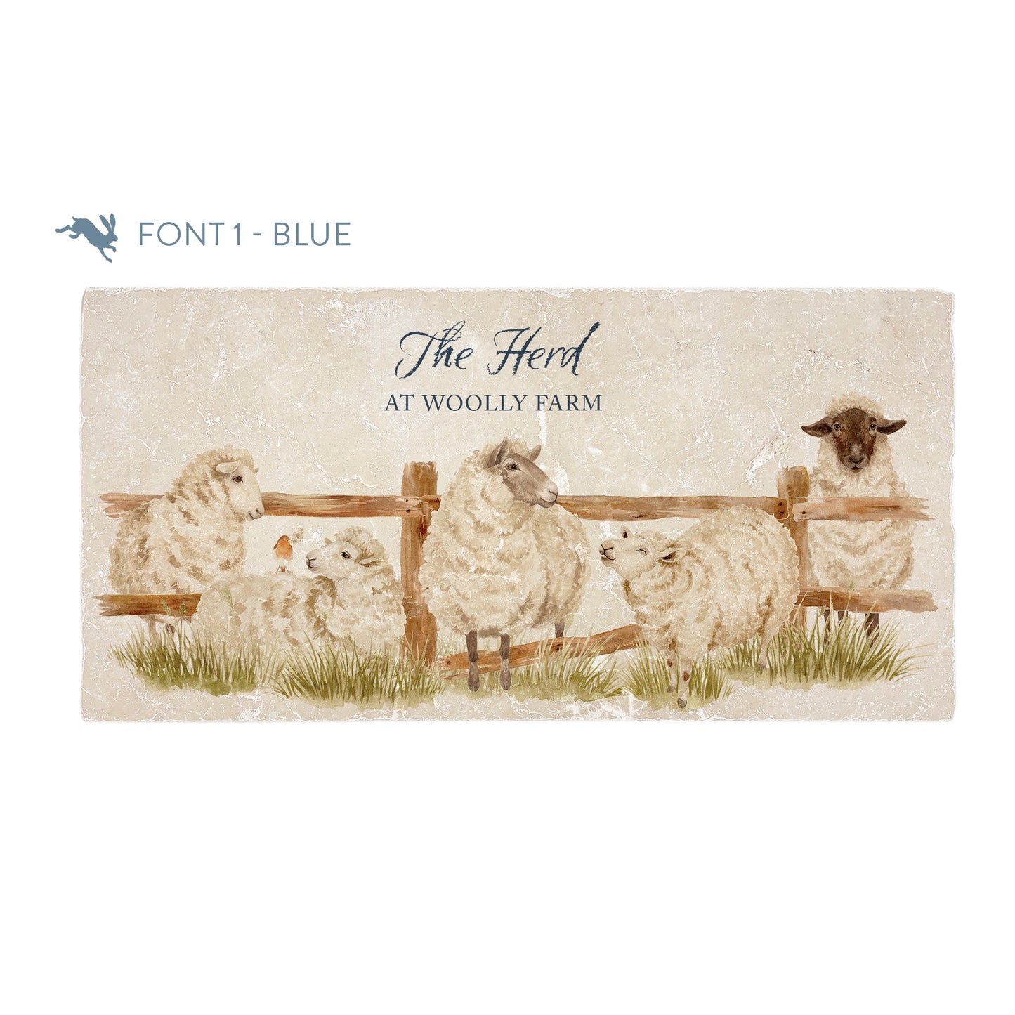 A personalised rectangular marble sharing platter featuring a herd of sheep in a watercolour style. The example personalised blue text reads ‘The Herd at Woolly Farm’ in a brush script font.