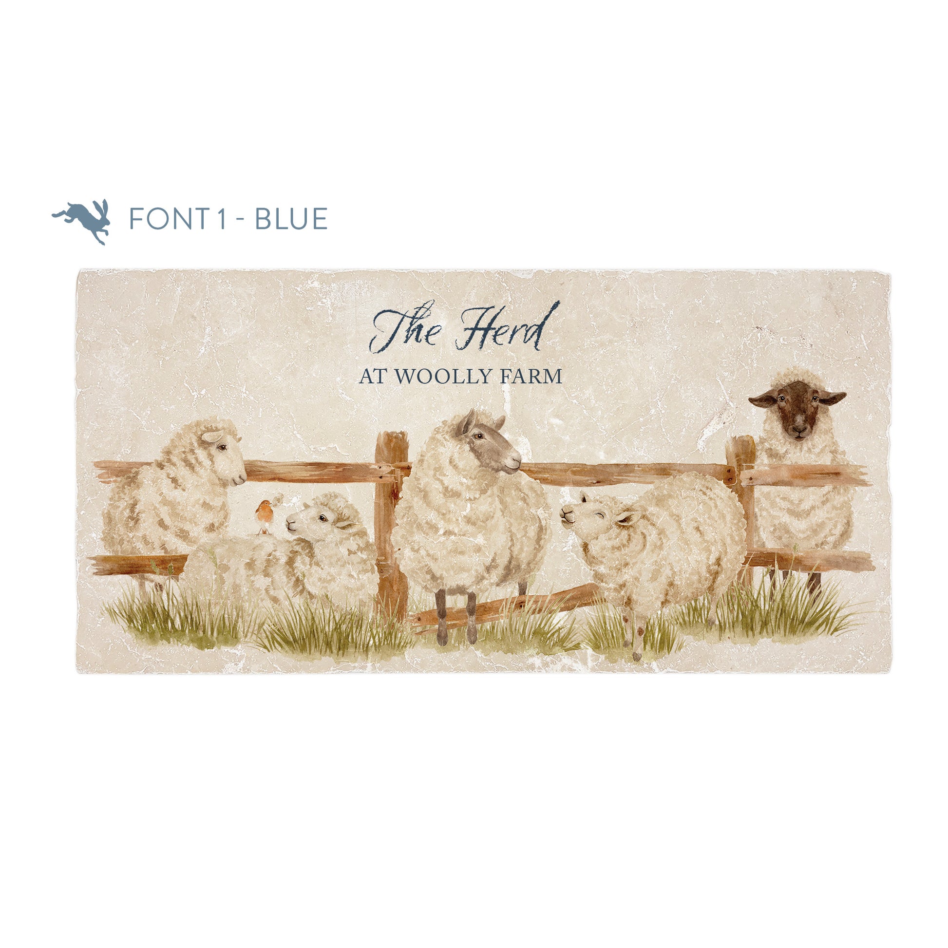 A personalised rectangular marble sharing platter featuring a herd of sheep in a watercolour style. The example personalised blue text reads ‘The Herd at Woolly Farm’ in a brush script font.