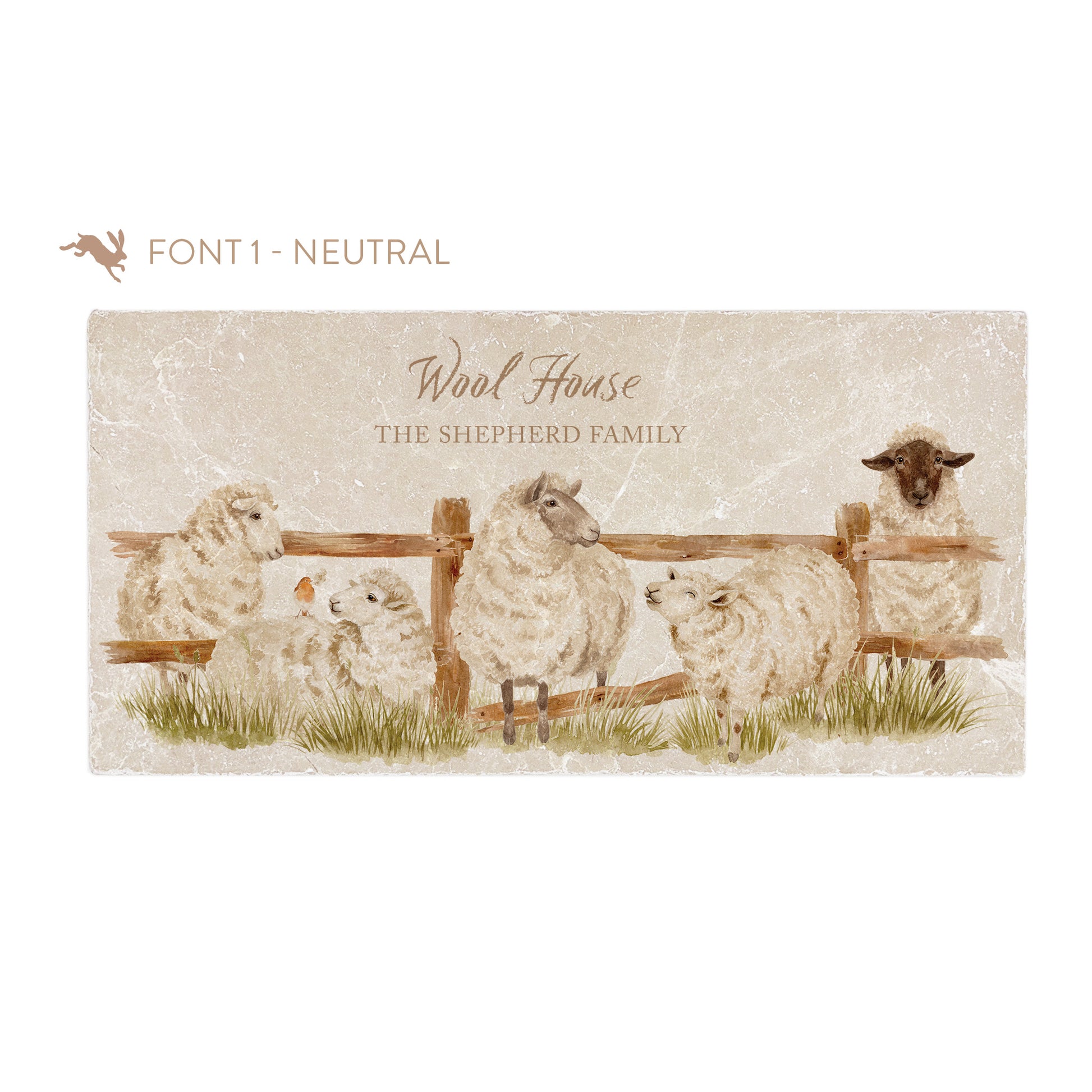 A personalised rectangular marble sharing platter featuring a herd of sheep in a watercolour style. The example personalised neutral colour text reads ‘Wool House, The Shepherd Family’ in a brush script font.
