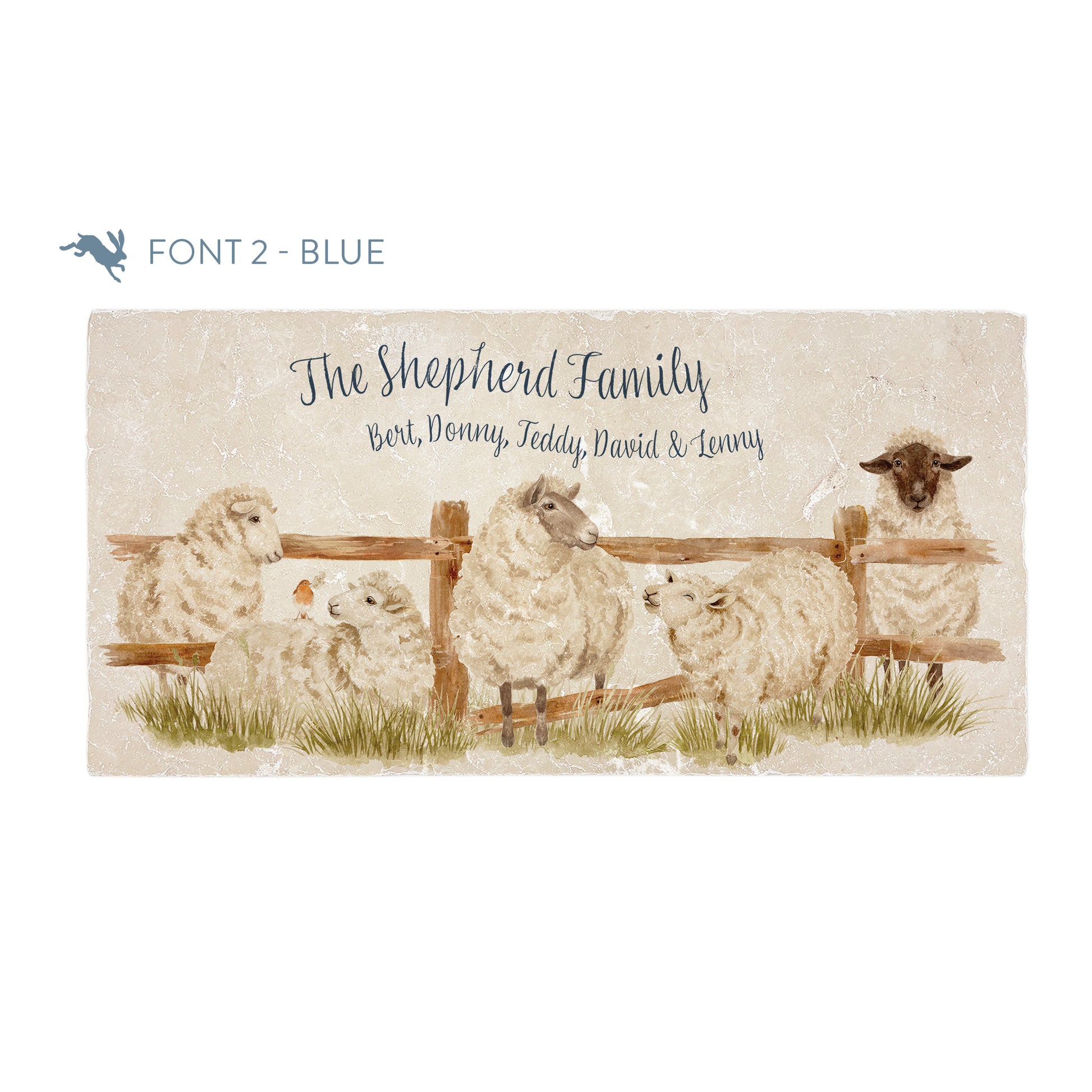 A personalised rectangular marble sharing platter featuring a herd of sheep in a watercolour style. The example personalised blue text reads ‘The Shepherd Family’ with first names underneath in a brush script font.