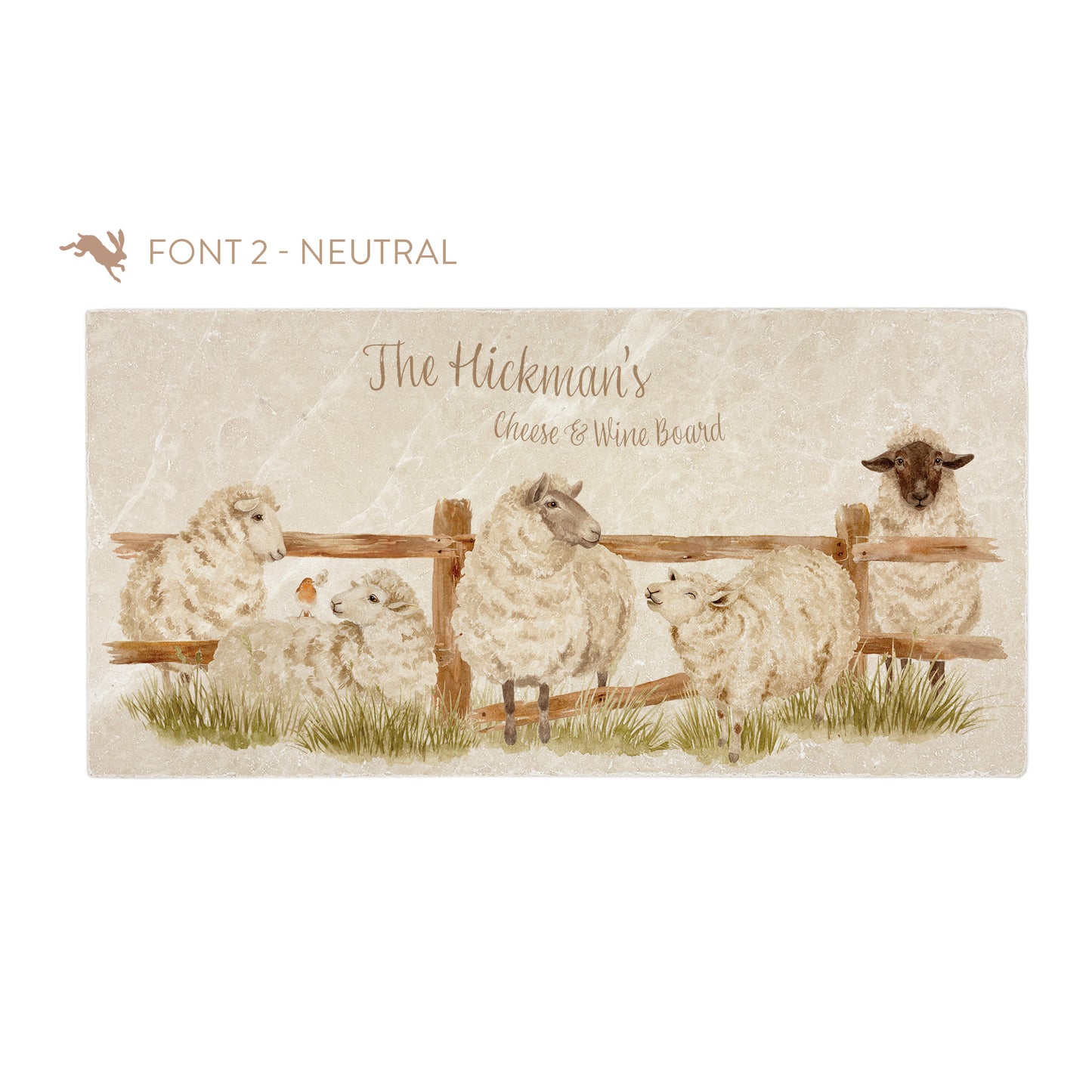 A personalised rectangular marble sharing platter featuring a herd of sheep in a watercolour style. The example personalised neutral colour text reads ‘The Hickman's Cheese & Wine Board' in an elegant script font.