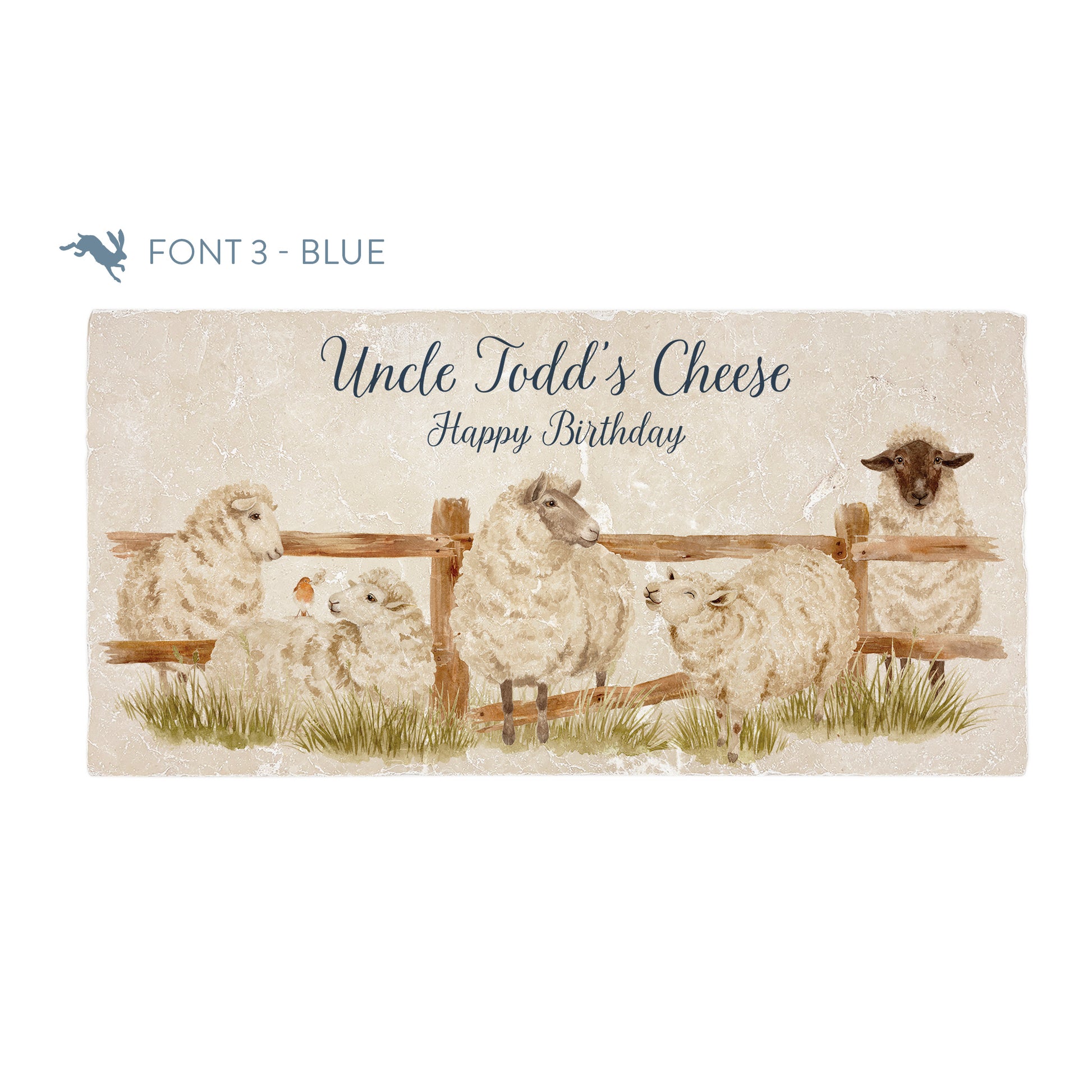A personalised rectangular marble sharing platter featuring a herd of sheep in a watercolour style. The example personalised blue text reads ‘Uncle Todd's Cheese, Happy Birthday’ in a brush script font.