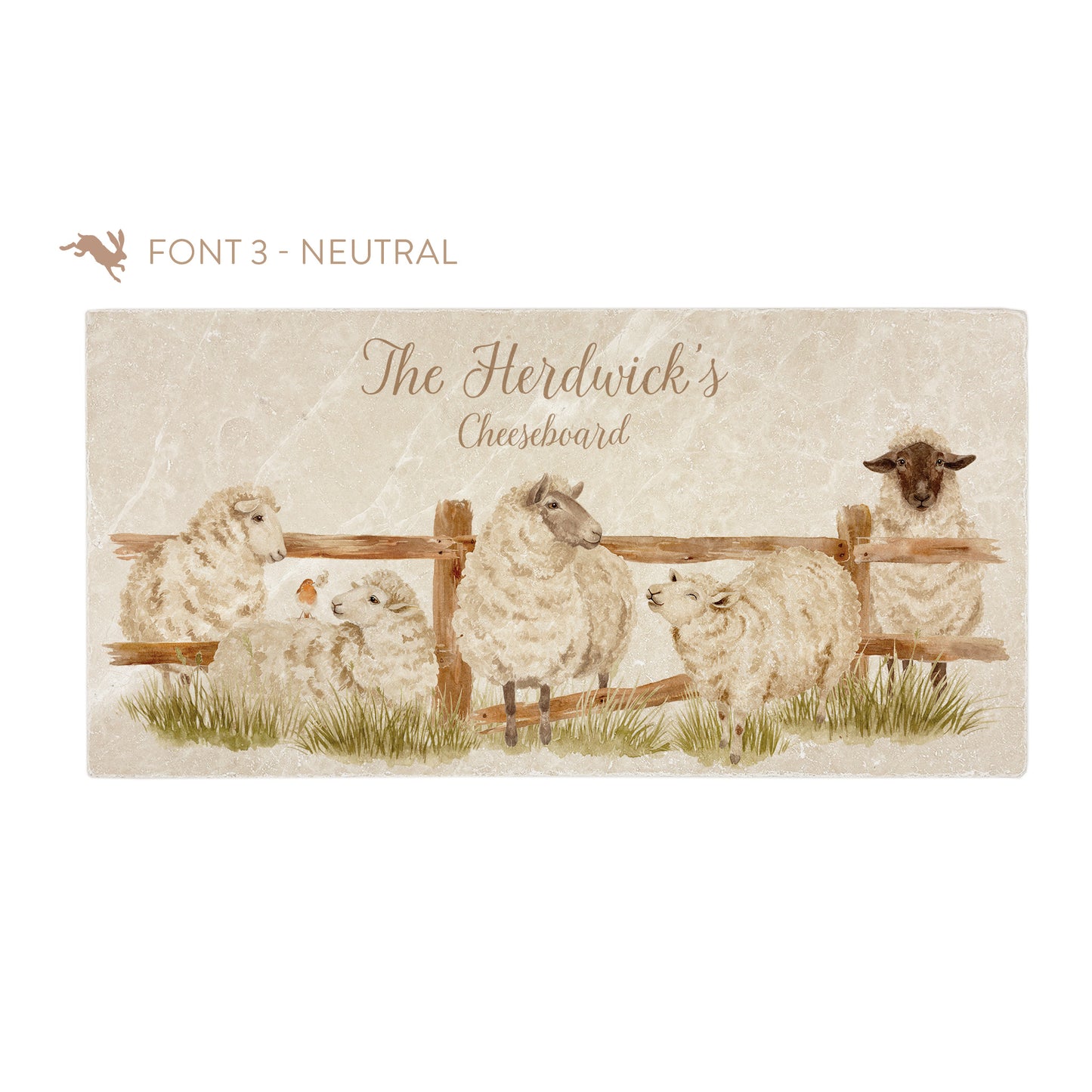 A personalised rectangular marble sharing platter featuring a herd of sheep in a watercolour style. The example personalised neutral colour text reads ‘The Herdwick's Cheeseboard’ in a brush script font.