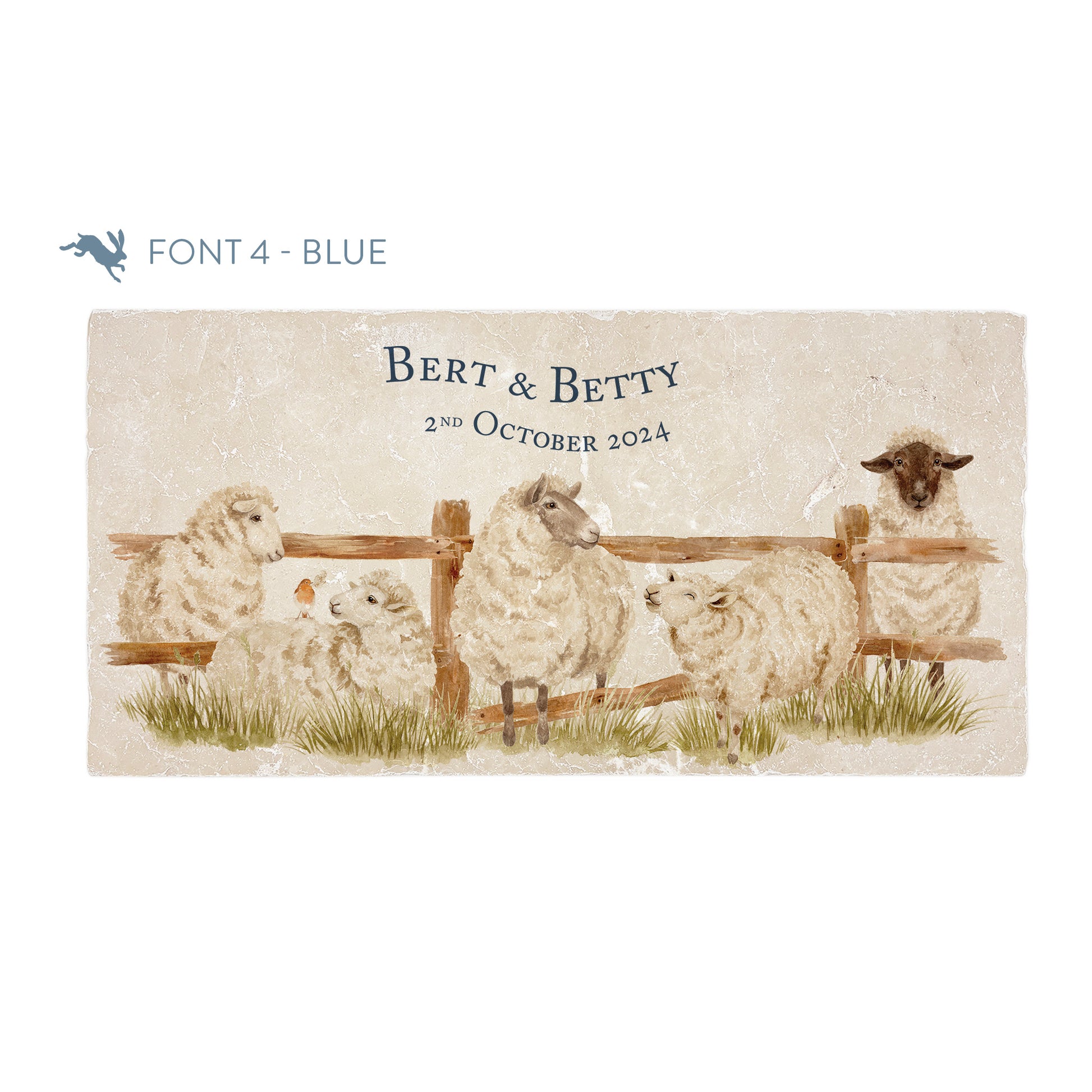 A personalised rectangular marble sharing platter featuring a herd of sheep in a watercolour style. The example personalised blue text reads ‘Bert & Betty, 2nd October 2024' in a classic serif font.
