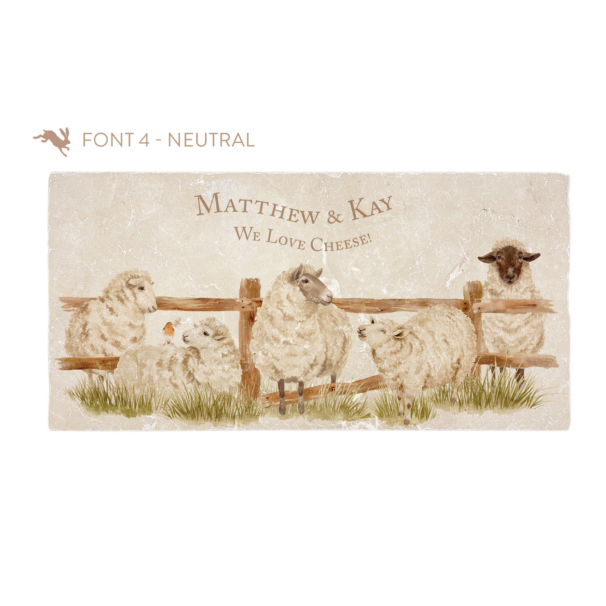 A personalised rectangular marble sharing platter featuring a herd of sheep in a watercolour style. The example personalised neutral colour text reads ‘Matthew & Kay, we love cheese!' in a classic serif font.