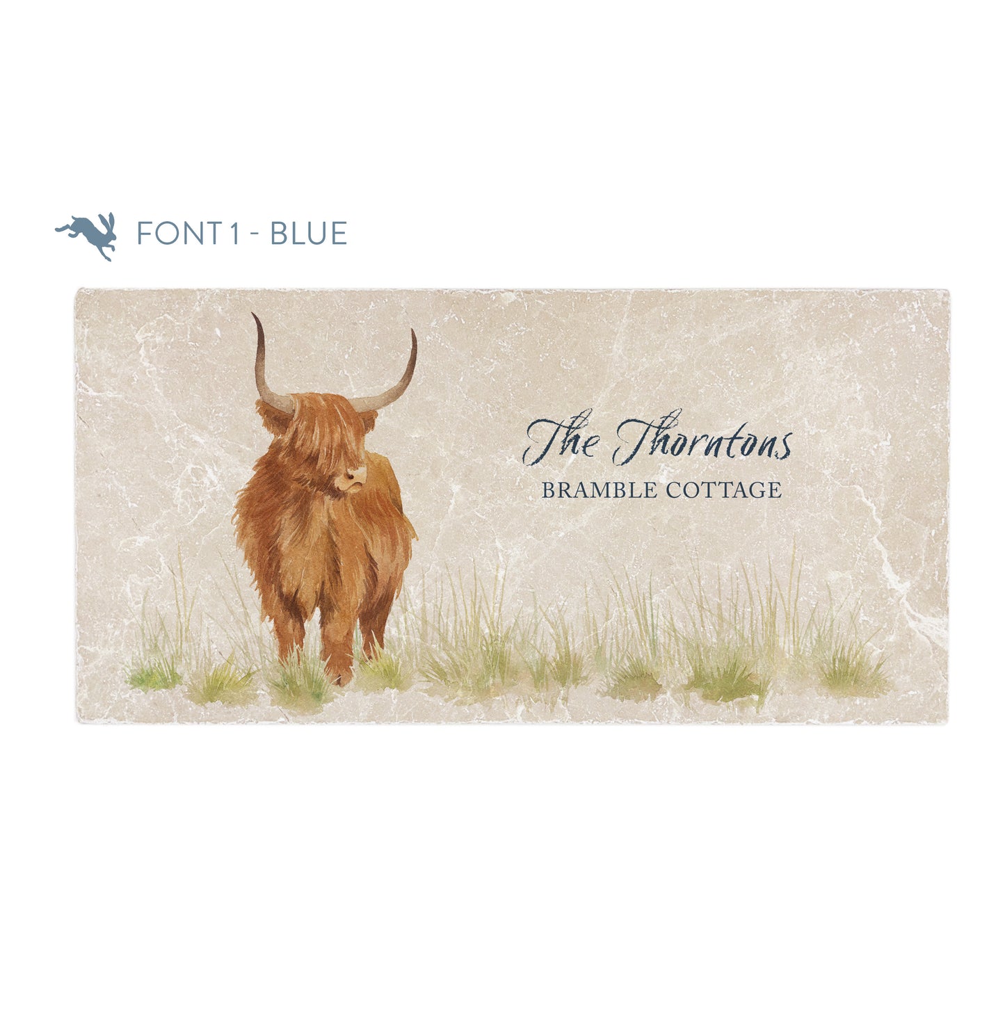 A personalised rectangular marble sharing platter featuring a highland cow in a watercolour style. The example personalised dark blue text reads ‘The Thorntons Bramble Cottage’ in a brush script font.