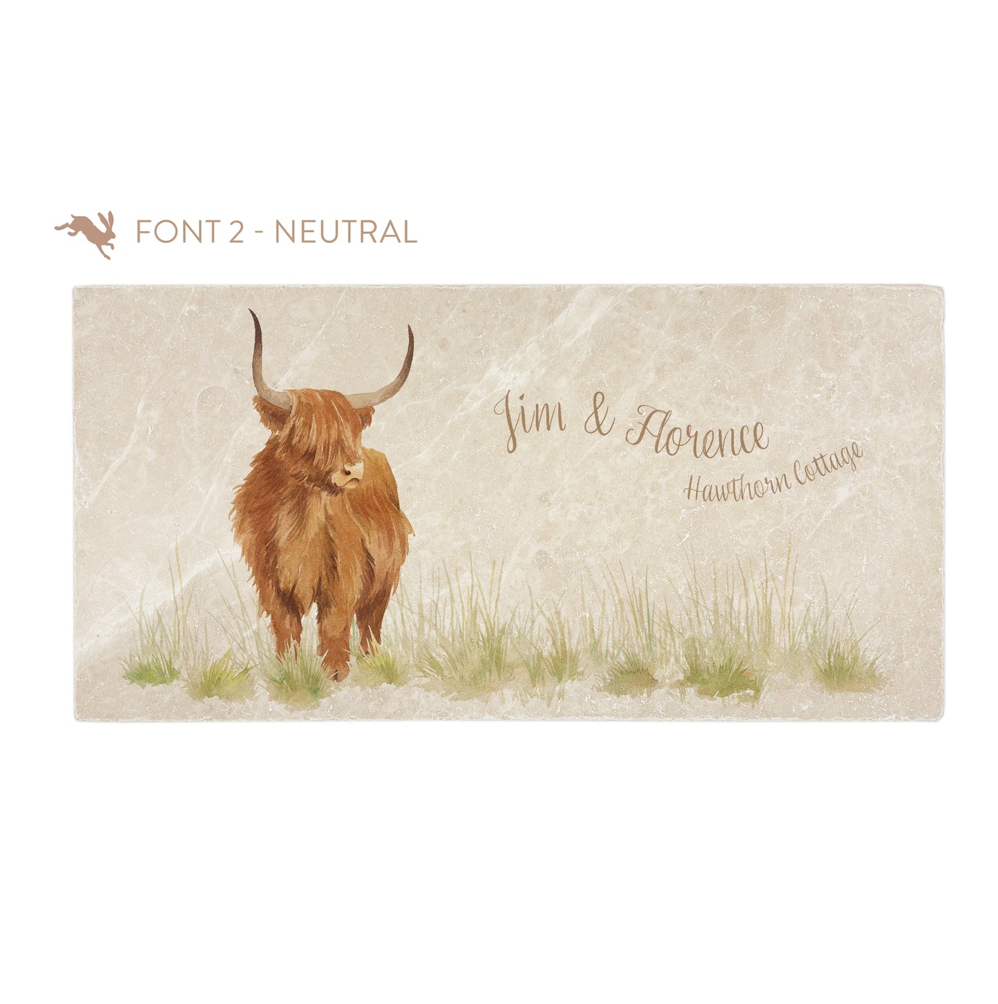 A personalised rectangular marble sharing platter featuring a highland cow in a watercolour style. The example personalised neutral colour text reads ‘Jim & Florence Hawthorn Cottage’ in a brush script font.