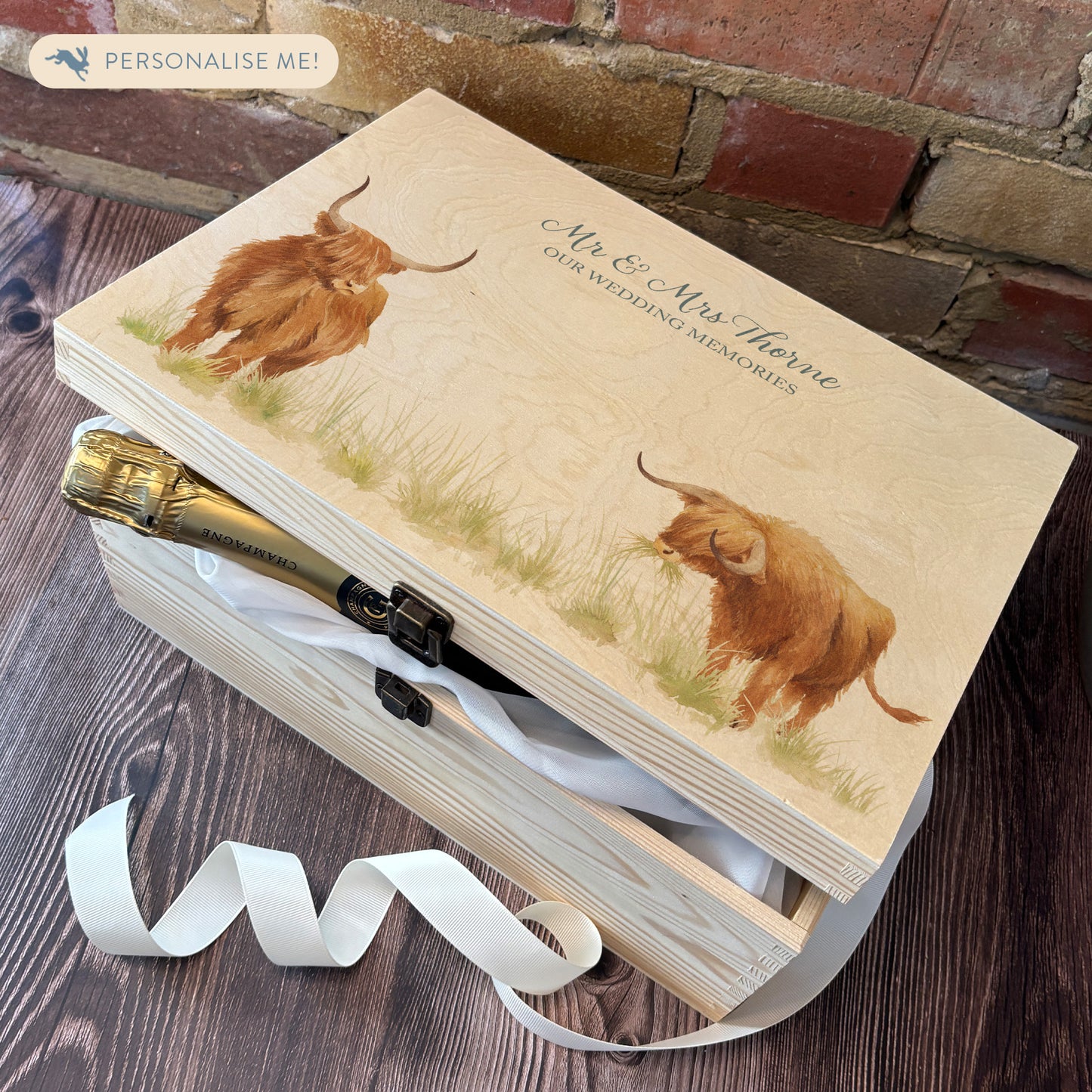 Large wooden pine gift box, The perfect Personalised keepsake, multipurpose, memory box, storage box with two Highland cows in a field. The design features our classic gentle watercolour style. The best was to offer a truly unique gift for a loved one. great wedding/anniversary gifts.