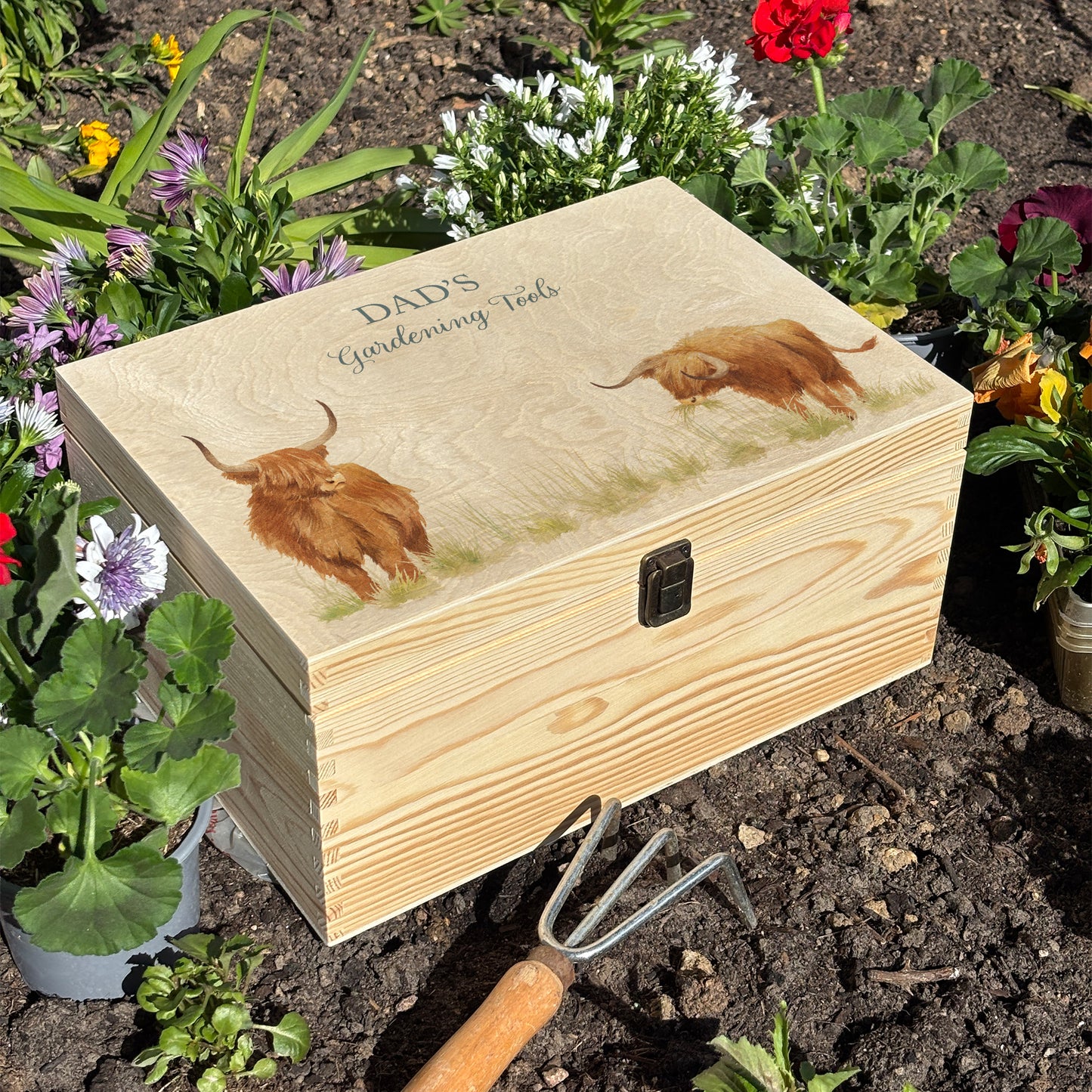 Large wooden pine gift box, The perfect Personalised keepsake, multipurpose, memory box, storage box with two Highland cows in a field. The design features our classic gentle watercolour style. The best was to offer a truly unique gift for a loved one.