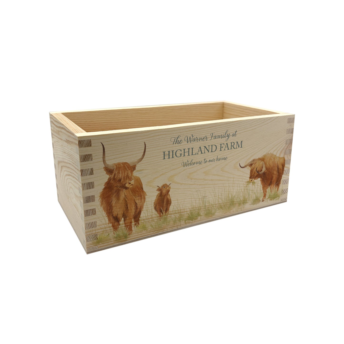 A rectangle wooden planter box with a watercolour design of a hairy highland cow family. The planter can be personalised with a name and a selection of custom phrases to suit any occasion including birthday, wedding, anniversary, engagement, and new home.
