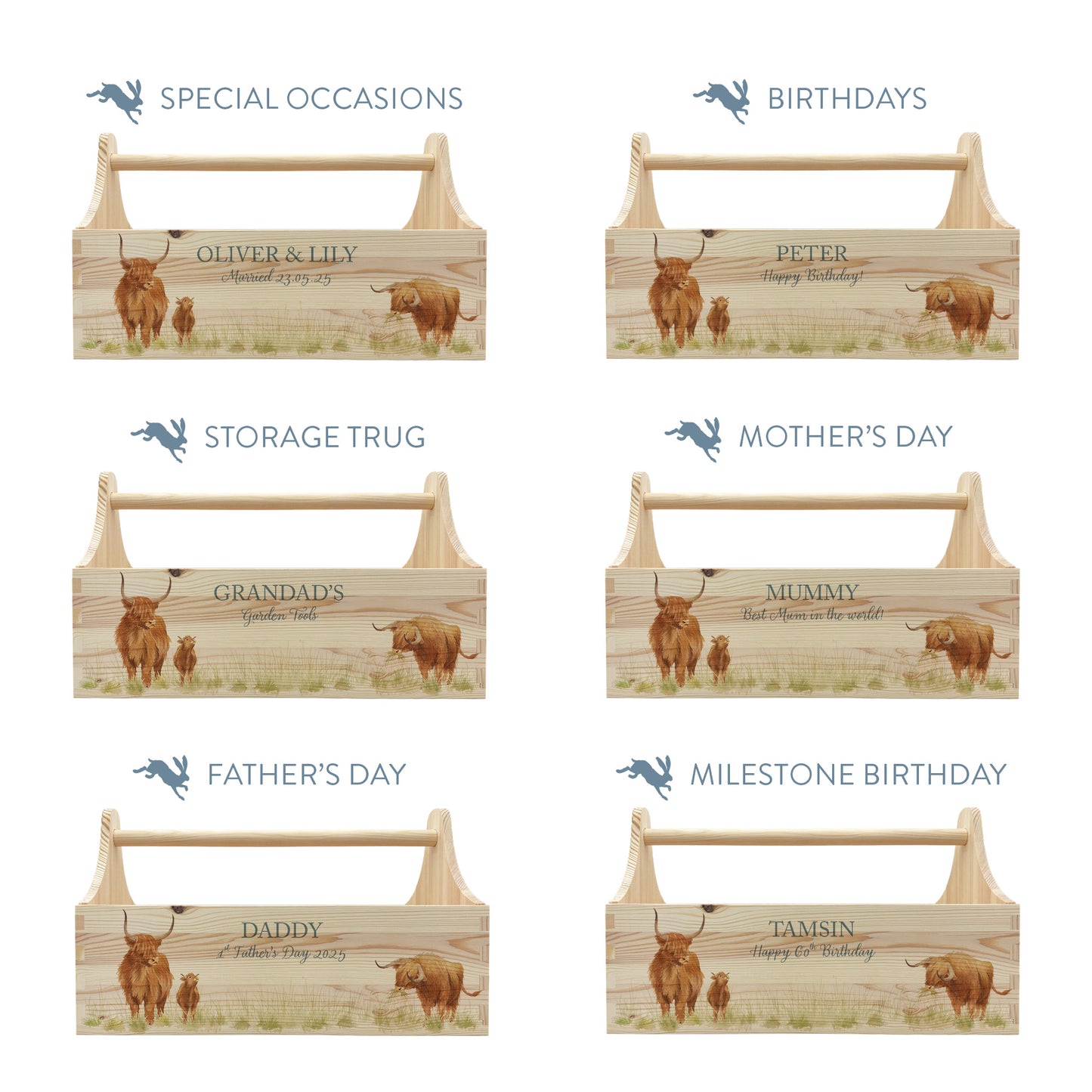 wooden luxury Trug/Caddy the perfect personalised gift. Each product is lovingly designed, handmade with our Countryside inspired watercolour designs. This design features a Highland cow set in a flower bed unique designs for a truly one off special occasion for a loved one.