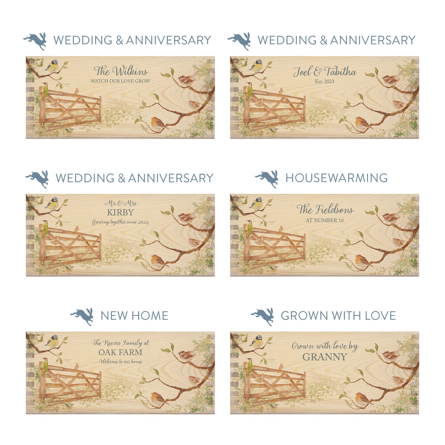 Personalised phrase options for a rectangle wooden planter box with a watercolour design of a hedgerow full of garden birds around a gate. Choose your phrase to suit any occasion including birthday, wedding, anniversary, engagement, and new home.