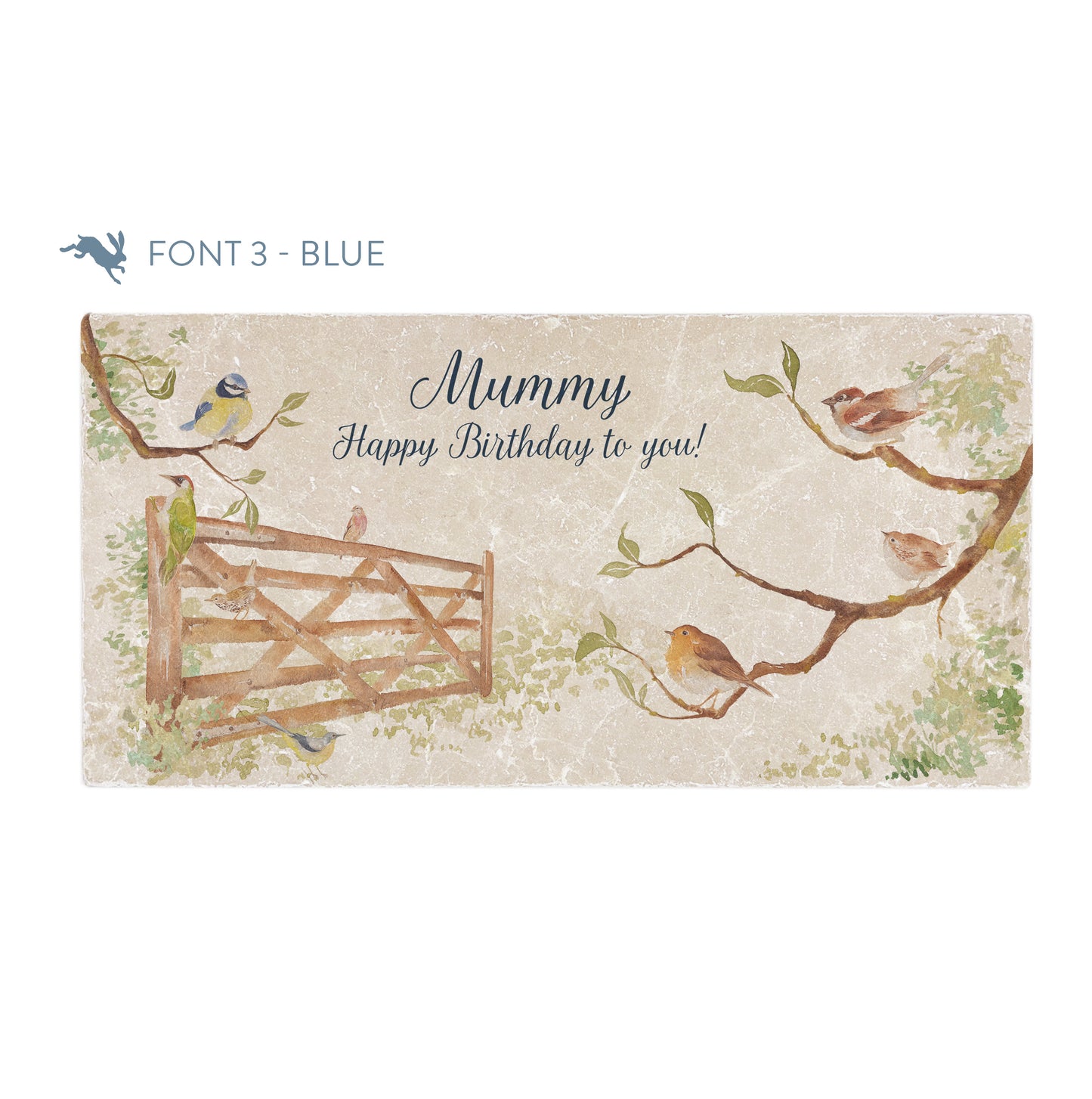 A personalised rectangular marble sharing platter featuring garden birds in the hedgerow around a paddock gate in a watercolour style. The example personalised dark blue text reads ‘Mummy, happy birthday to you!’ in a brush script font.