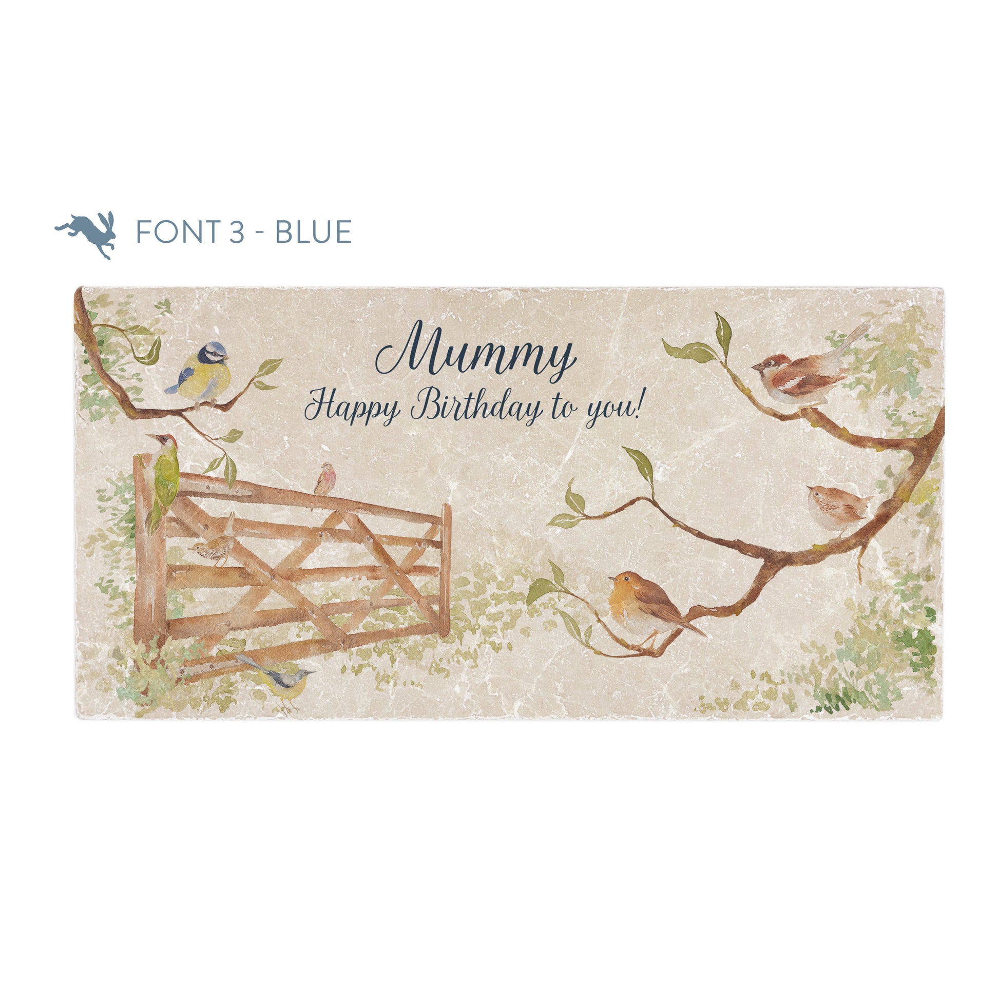 A personalised rectangular marble sharing platter featuring garden birds in the hedgerow around a paddock gate in a watercolour style. The example personalised dark blue text reads ‘Mummy, happy birthday to you!’ in a brush script font.