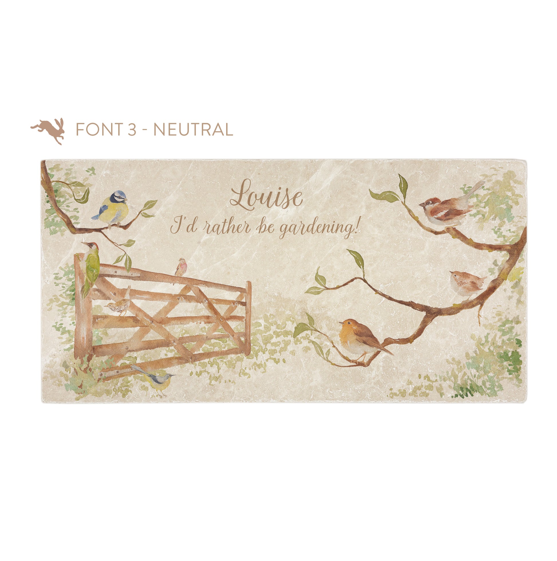 A personalised rectangular marble sharing platter featuring garden birds in the hedgerow around a paddock gate in a watercolour style. The example personalised neutral colour text reads ‘Louise, I'd rather be gardening!’ in a brush script font.