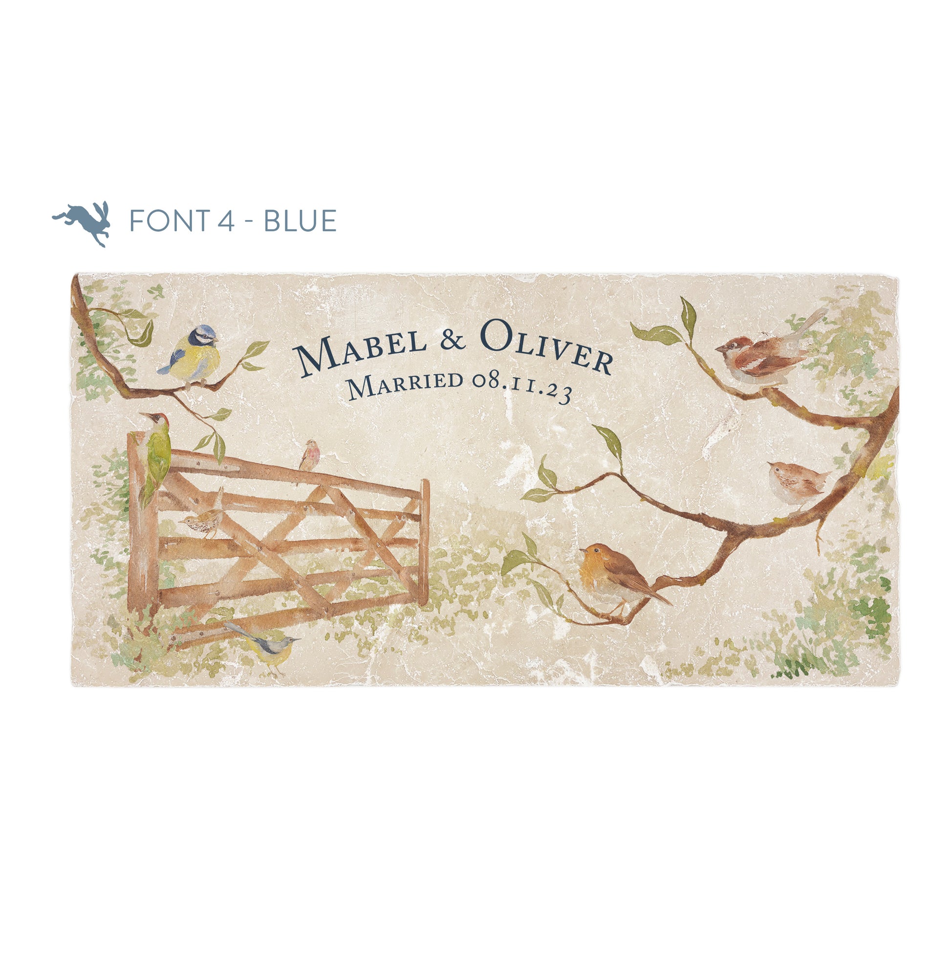 A personalised rectangular marble sharing platter featuring garden birds in the hedgerow around a paddock gate in a watercolour style. The example personalised dark blue text reads ‘Mabel & Oliver Married 08.11.23' in a classic serif font.