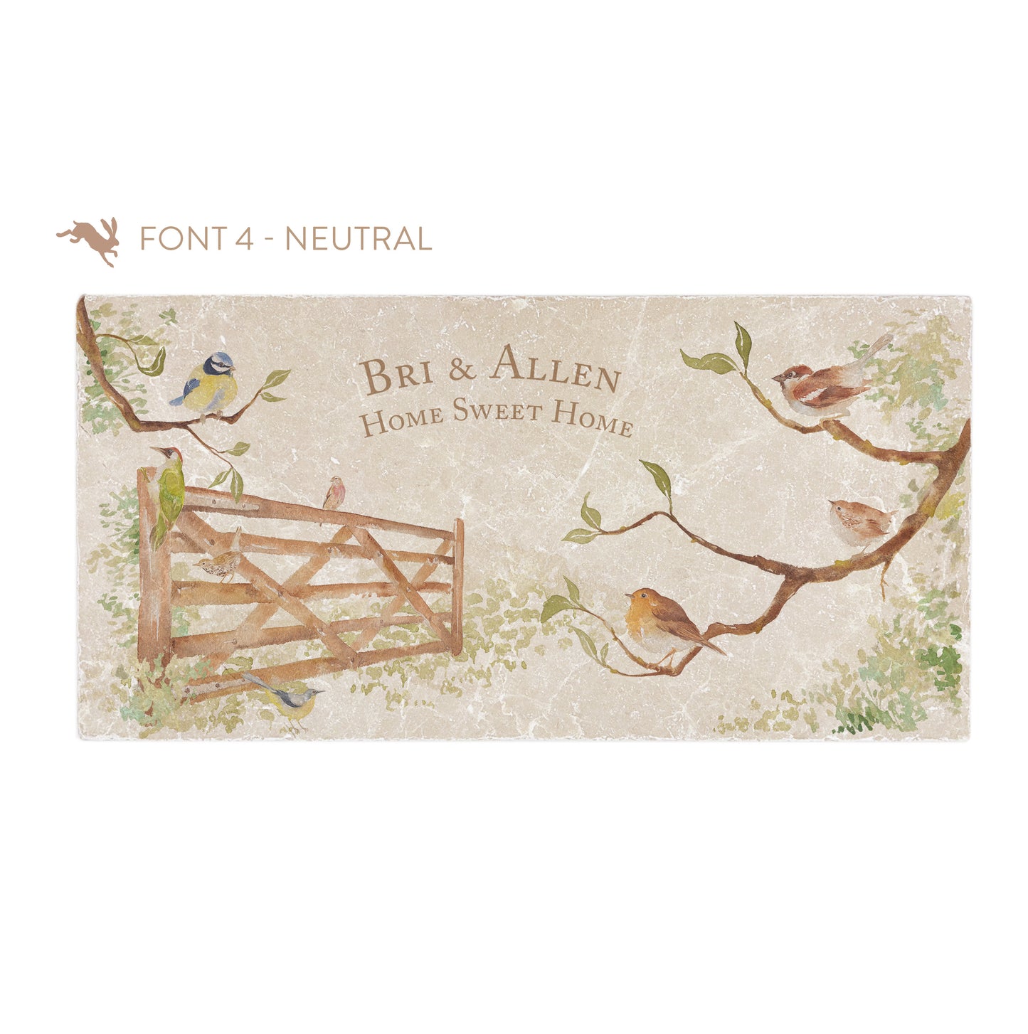 A personalised rectangular marble sharing platter featuring garden birds in the hedgerow around a paddock gate in a watercolour style. The example personalised neutral colour text reads ‘Bri & Allen Home Sweet Home' in a classic serif font.