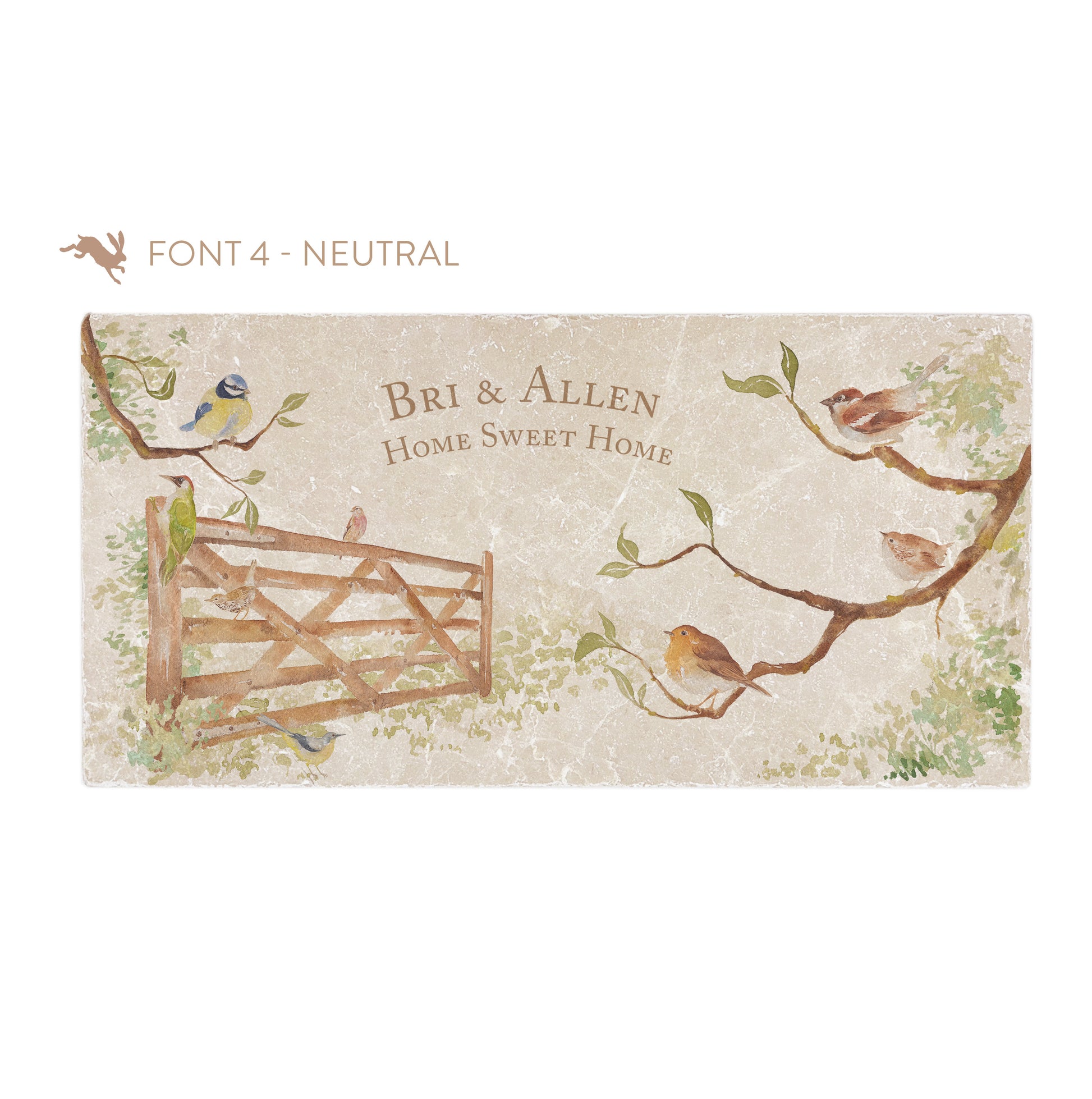 A personalised rectangular marble sharing platter featuring garden birds in the hedgerow around a paddock gate in a watercolour style. The example personalised neutral colour text reads ‘Bri & Allen Home Sweet Home' in a classic serif font.
