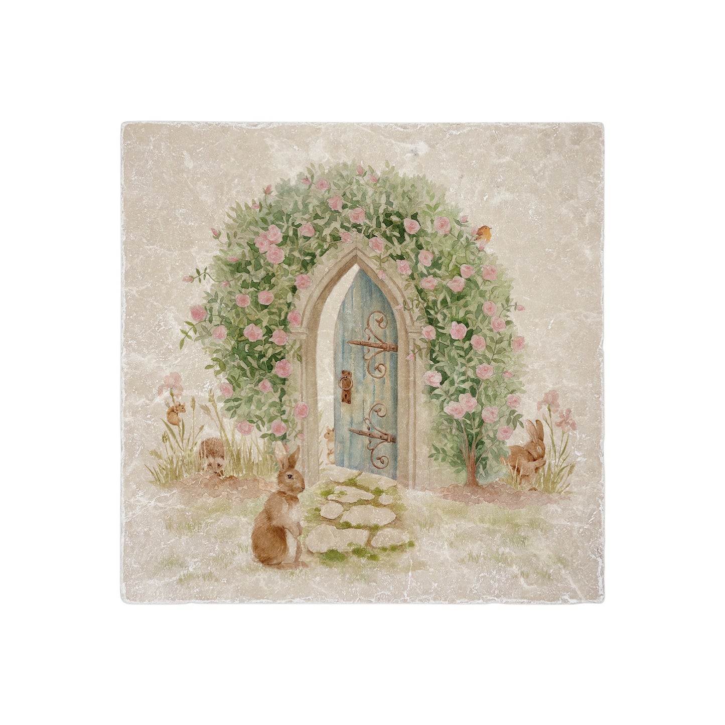 A handmade 20x20cm marble splashback tile featuring a watercolour design of a rose archway with a door leading to a hidden garden.