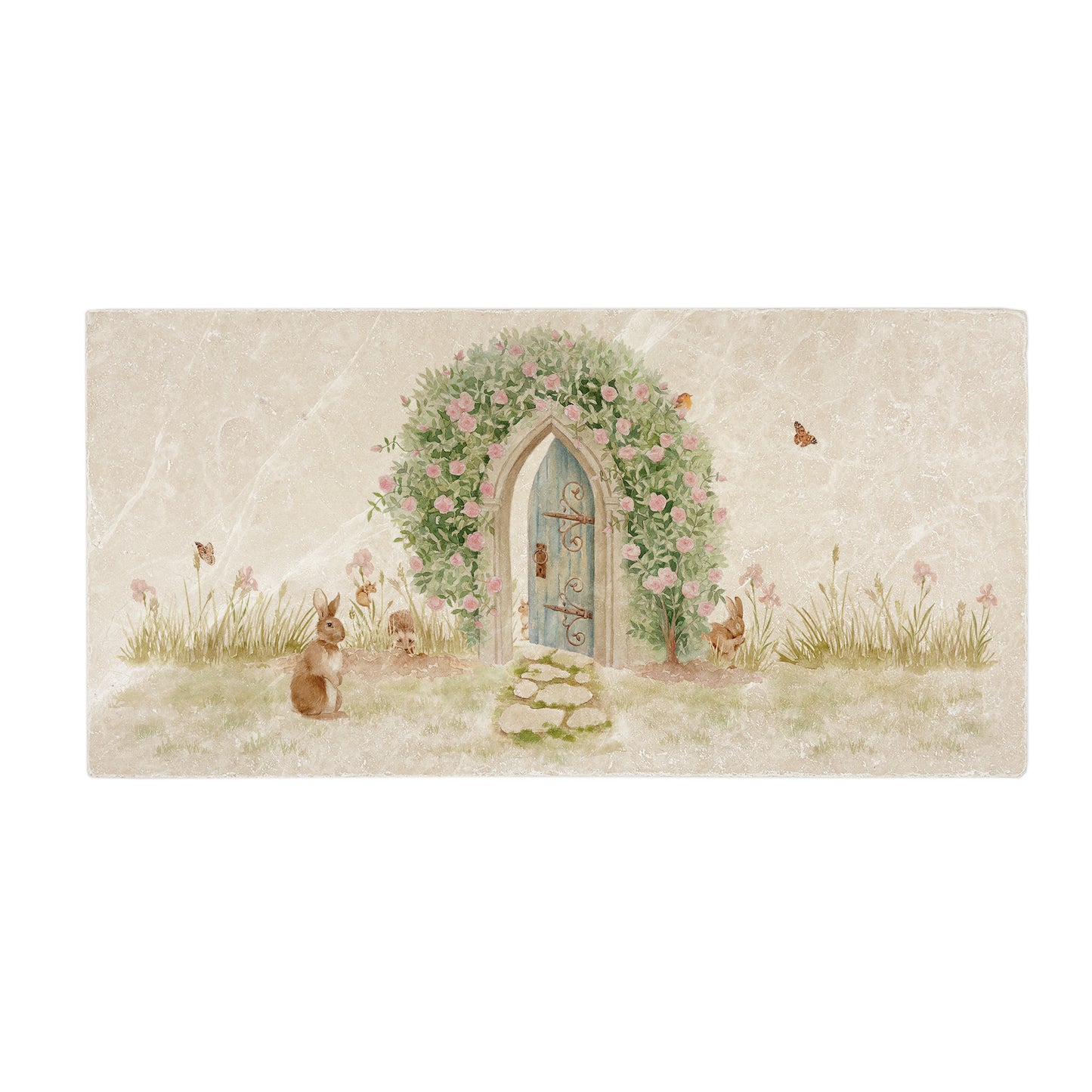 A handmade 20x40cm marble splashback tile featuring a watercolour design of a hidden garden door under a rose archway.