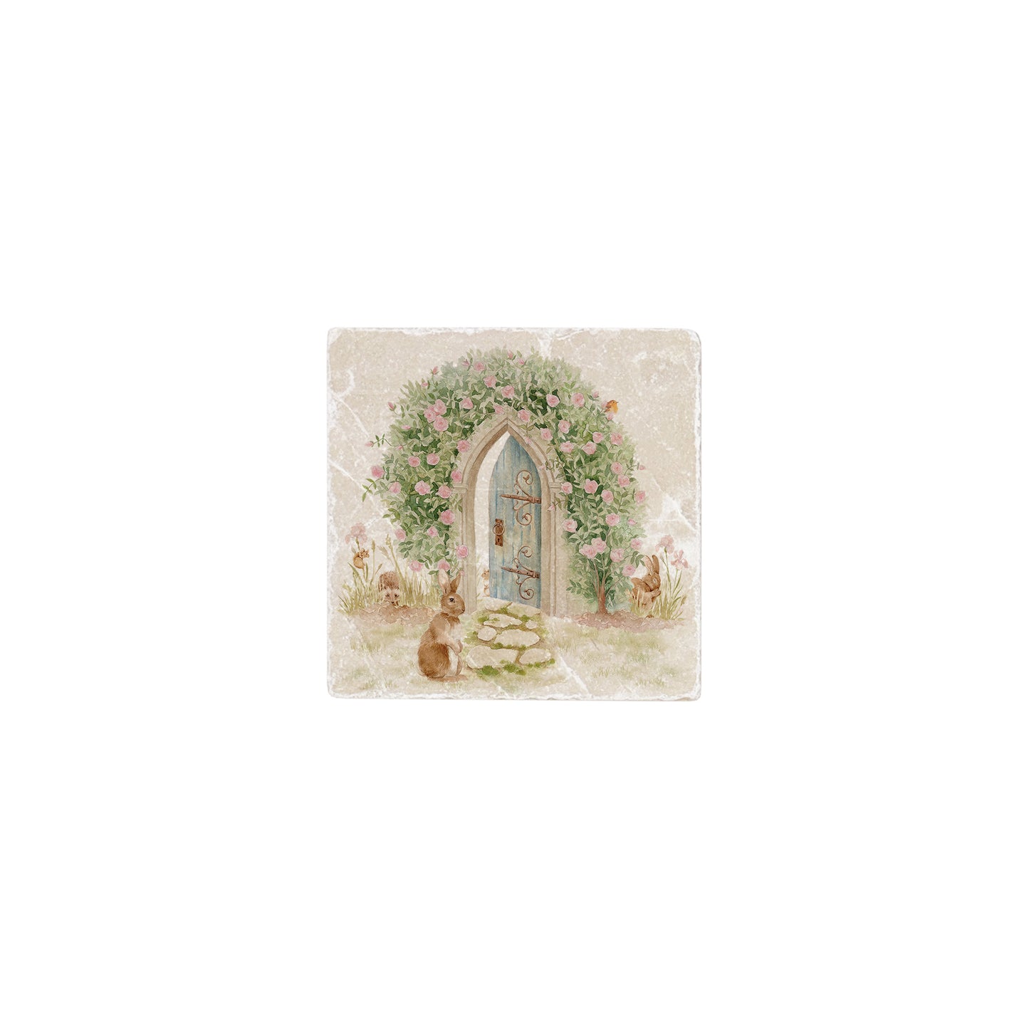 A handmade splashback tile featuring a watercolour scene of animals showing the way to a hidden door leading to a secret garden.