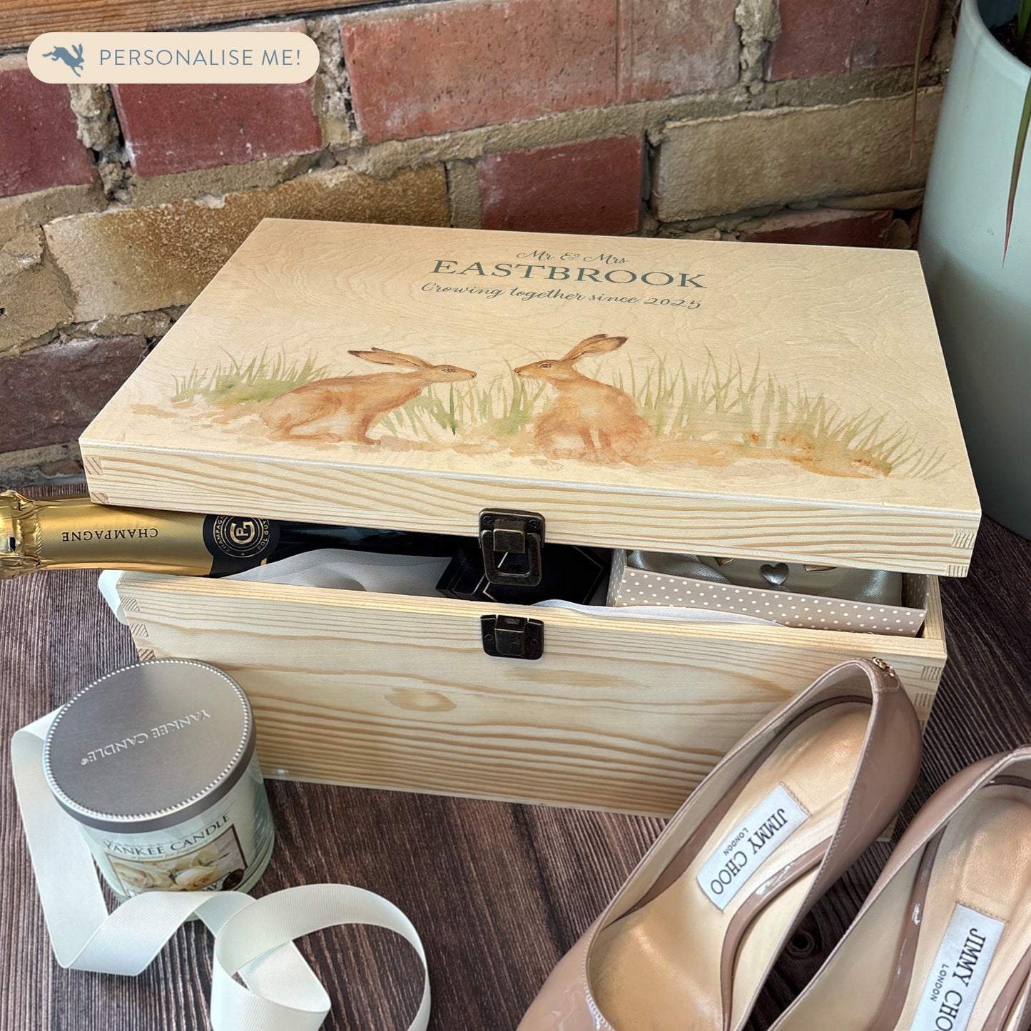 Large wooden pine memory/wedding/anniversary gift box featuring a dreamy watercolour illustration of two Hares side-by-side, perfect for celebrating a lasting bond. perfect keepsake filled with special treats for a special day