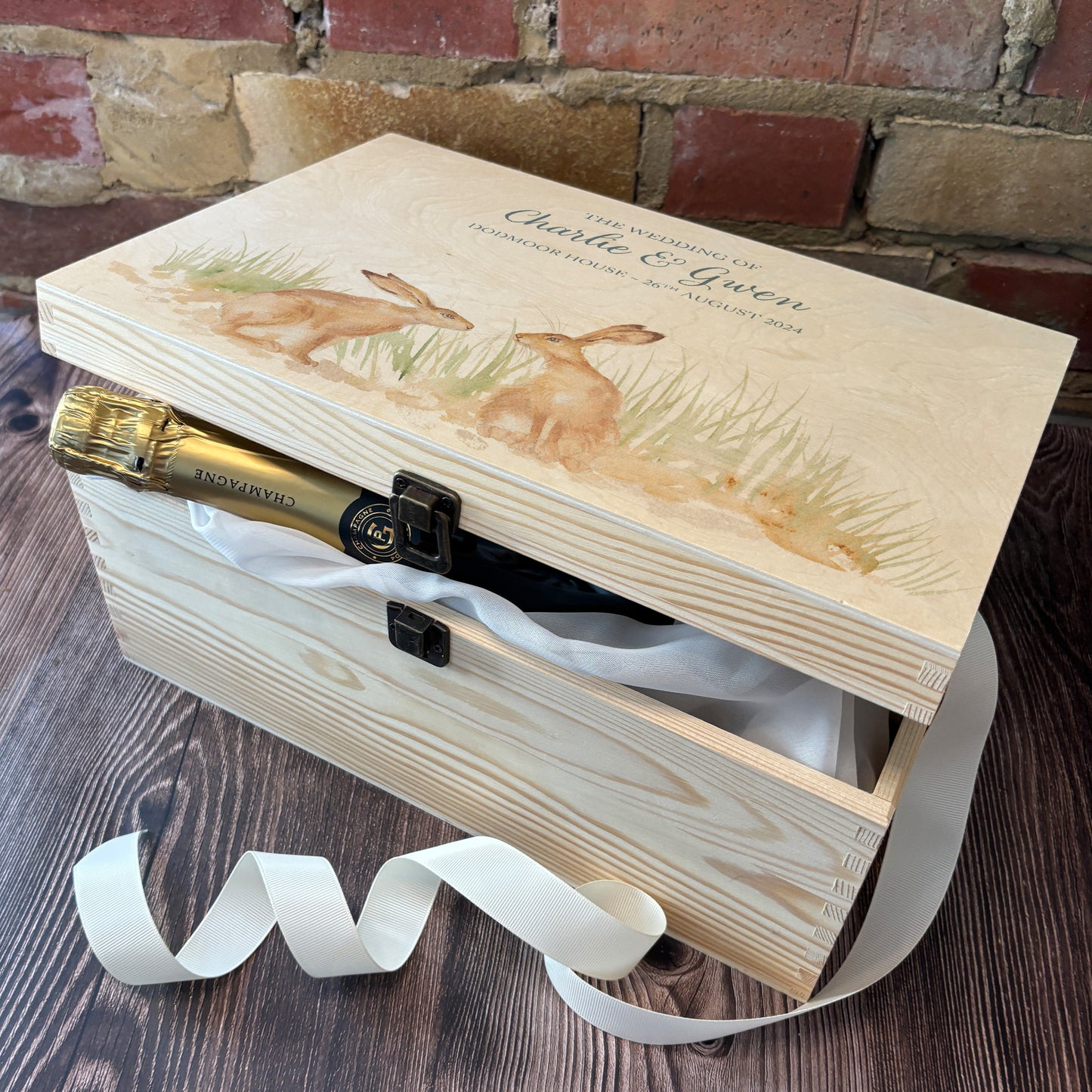 Large wooden pine memory/wedding/anniversary gift box featuring a dreamy watercolour illustration of two Hares side-by-side, perfect for celebrating a lasting bond. perfect keepsake filled with special treats for a special day