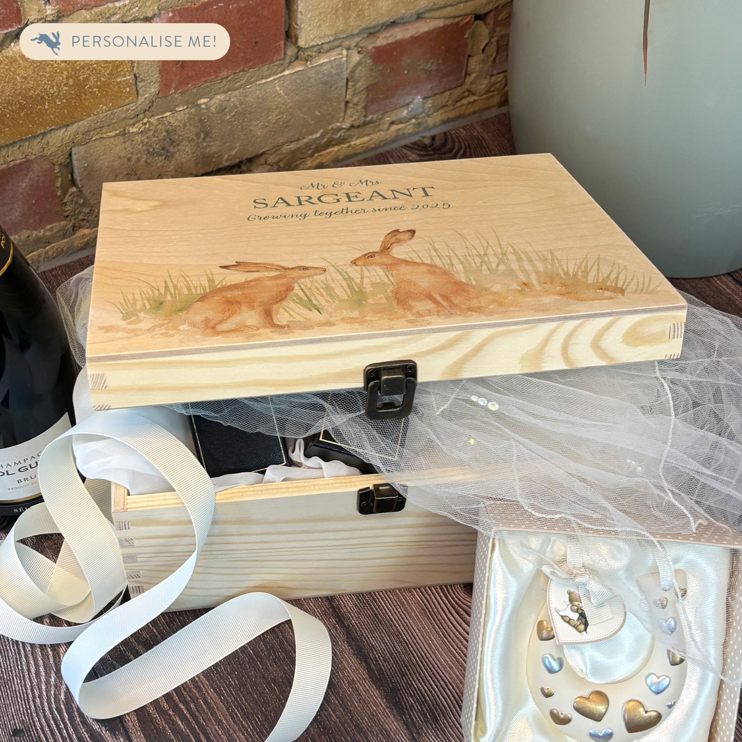 Medium wooden pine memory/wedding/anniversary gift box featuring a dreamy watercolour illustration of two Hares side-by-side, perfect for celebrating a lasting bond.