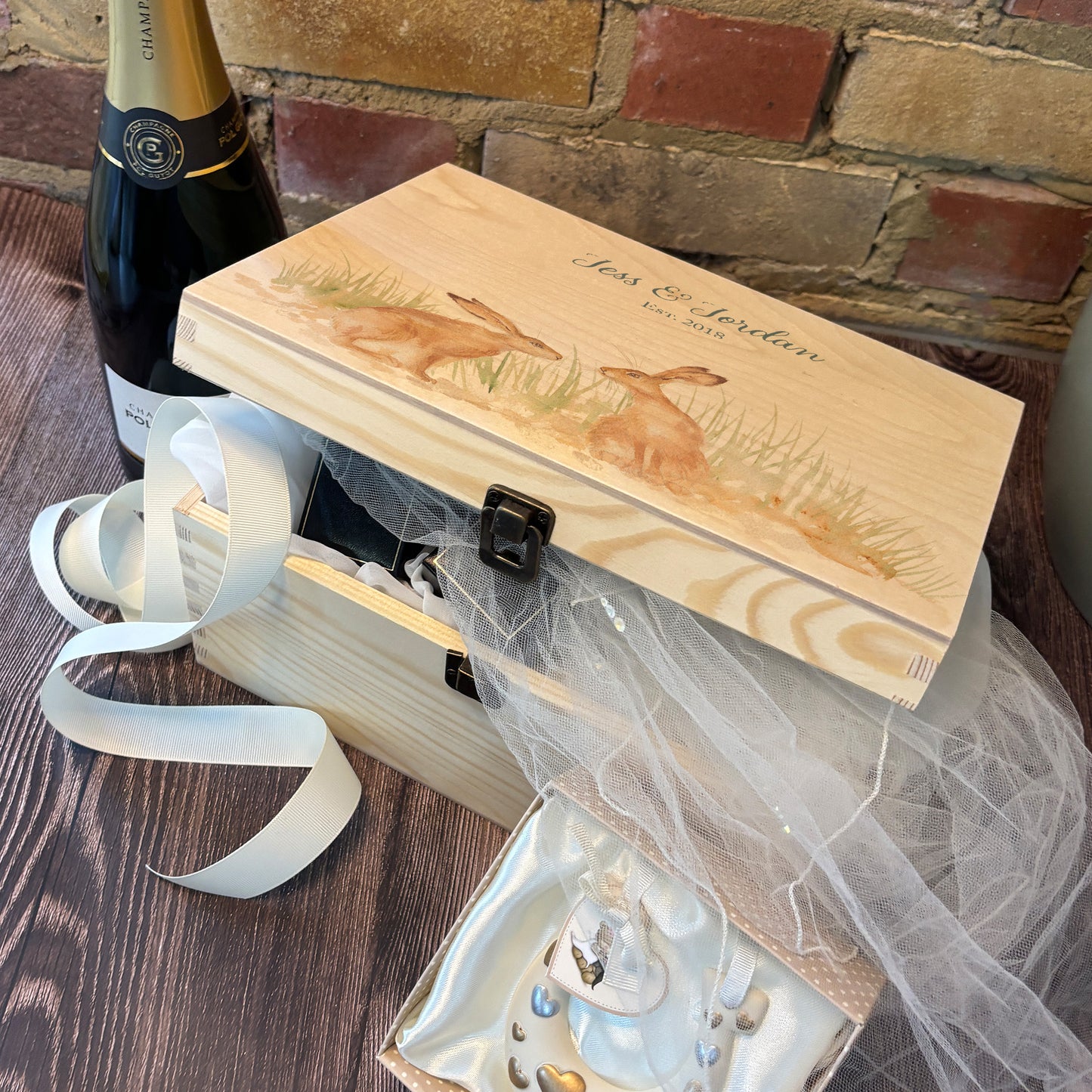 Medium wooden pine memory/wedding/anniversary gift box featuring a dreamy watercolour illustration of two Hares side-by-side, perfect for celebrating a lasting bond.