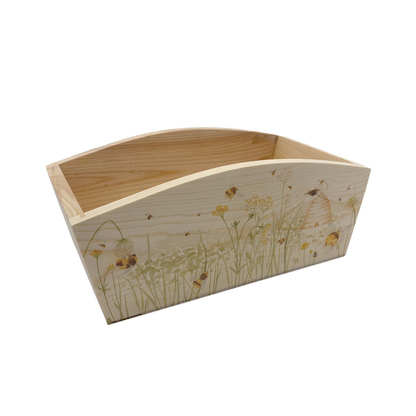 An arched wooden planter box with a watercolour design of bees in a buttercup meadow surrounding a beehive. An ideal gift for gardeners, birthdays, weddings, anniversaries, new home.