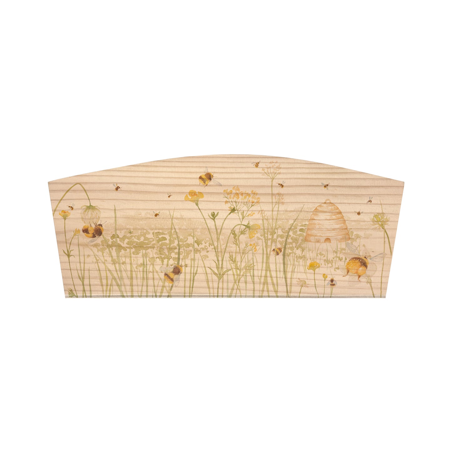 An arched wooden planter with a watercolour design of bees in a buttercup meadow surrounding a beehive. A perfect gift for birthdays, weddings, anniversaries, new homes, engagements.
