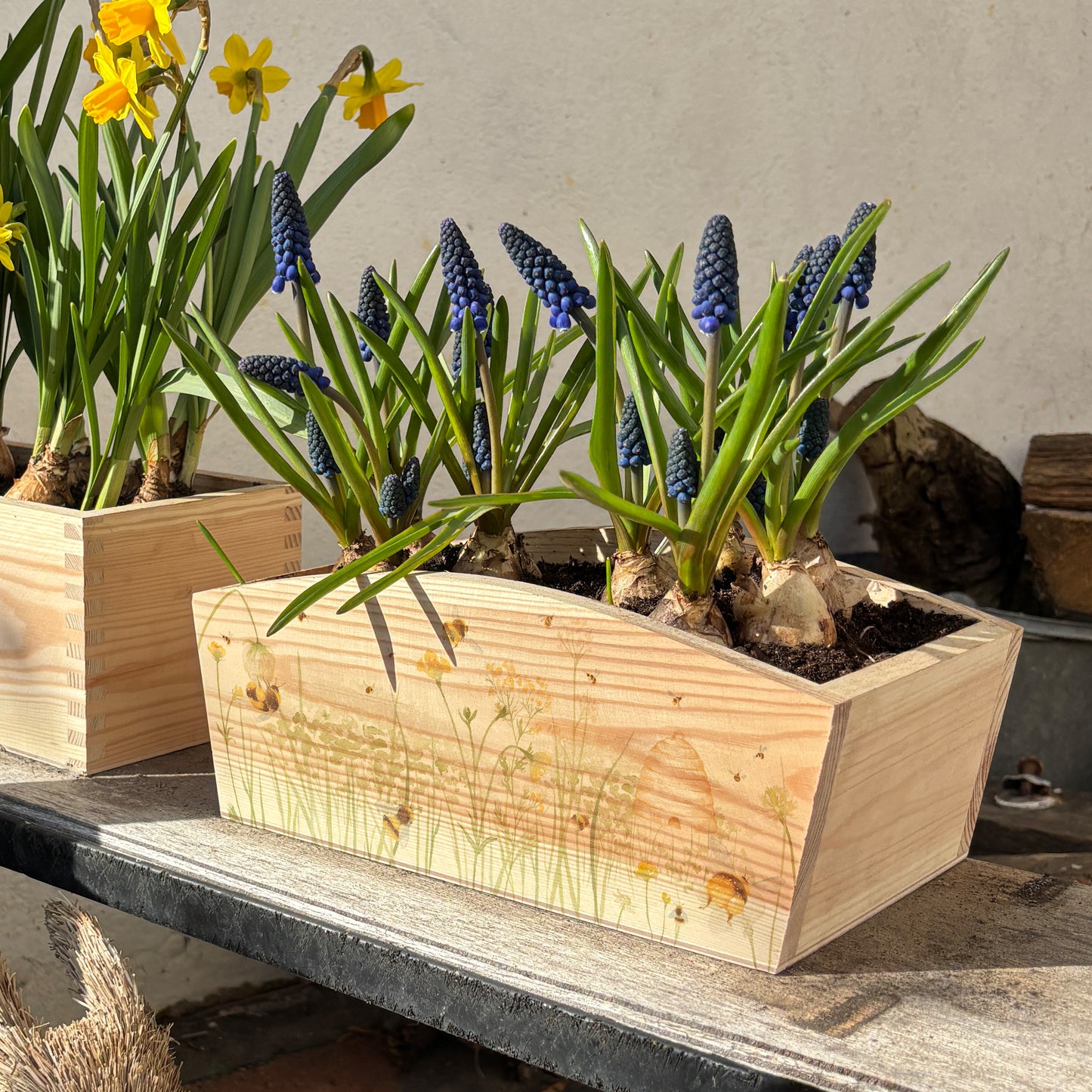 An arched wooden planter box full of spring flowers. The planter shows a watercolour design of busy bees in a field of buttercups surrounding a beehive. A thoughtful gift for anyone who loves their garden.