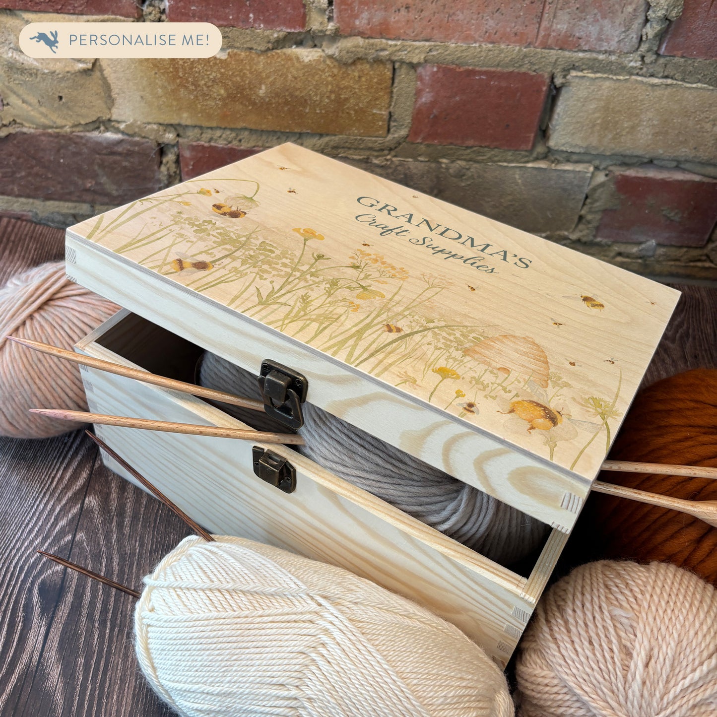 Large wooden pine gift box, The perfect Personalised keepsake, memory box, storage box with lots of Buzzing Bees in a buttercup meadow with an old fashioned bee skep, this gorgeous design is in our classic  gentle watercolour style. Perfect for the OCD person to get organised, ideal storage solutions