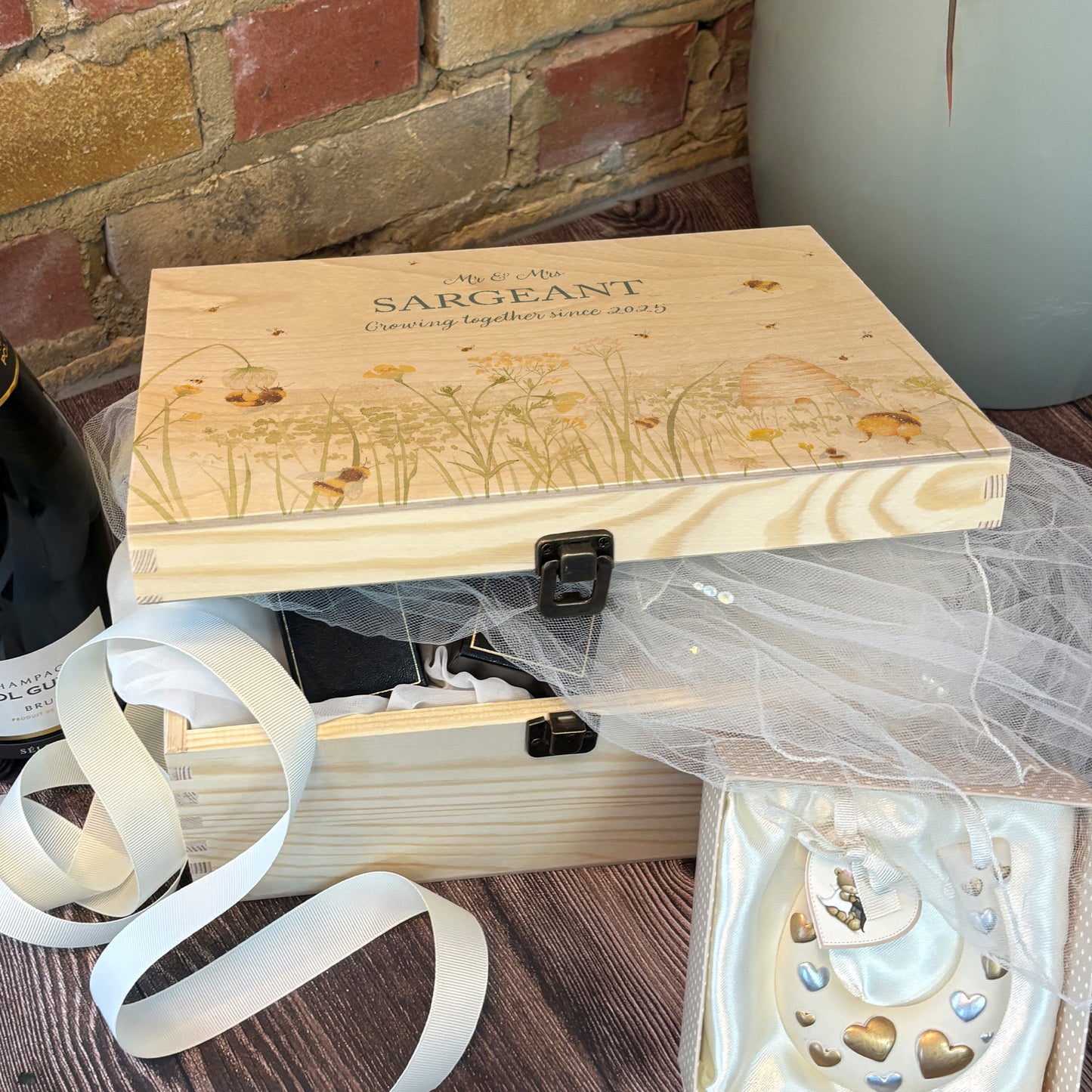 Large wooden pine gift box, The perfect Personalised keepsake, memory box, storage box with lots of Buzzing Bees in a buttercup meadow with an old fashioned bee skep, this gorgeous design is in our classic  gentle watercolour style. Perfect for the OCD person to get organised, ideal storage solutions