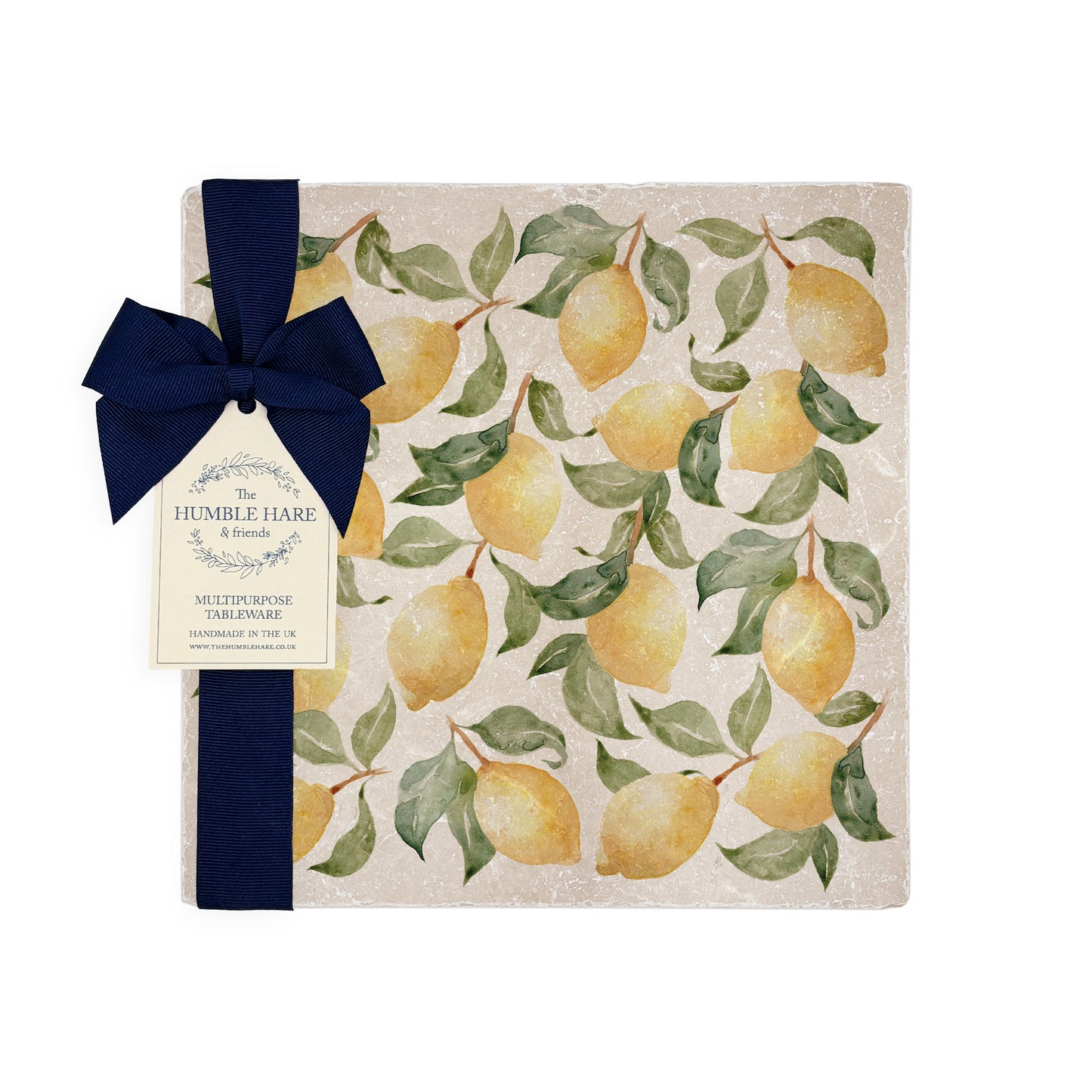A medium multipurpose marble platter with a watercolour lemon design, perfect summer Mediterranean vibe.